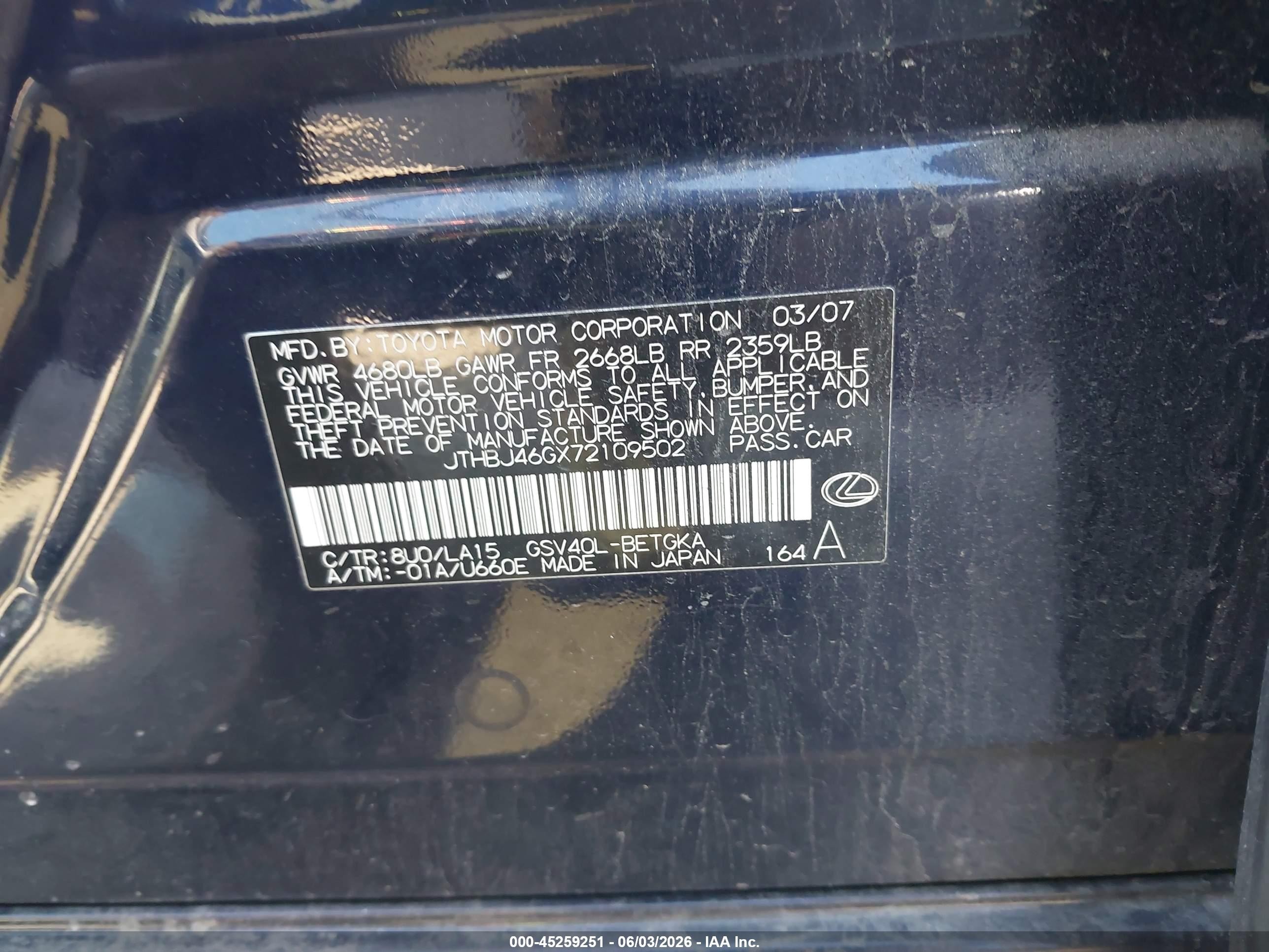 2007 Lexus Es 350   Black vin: JTHBJ46GX72109502