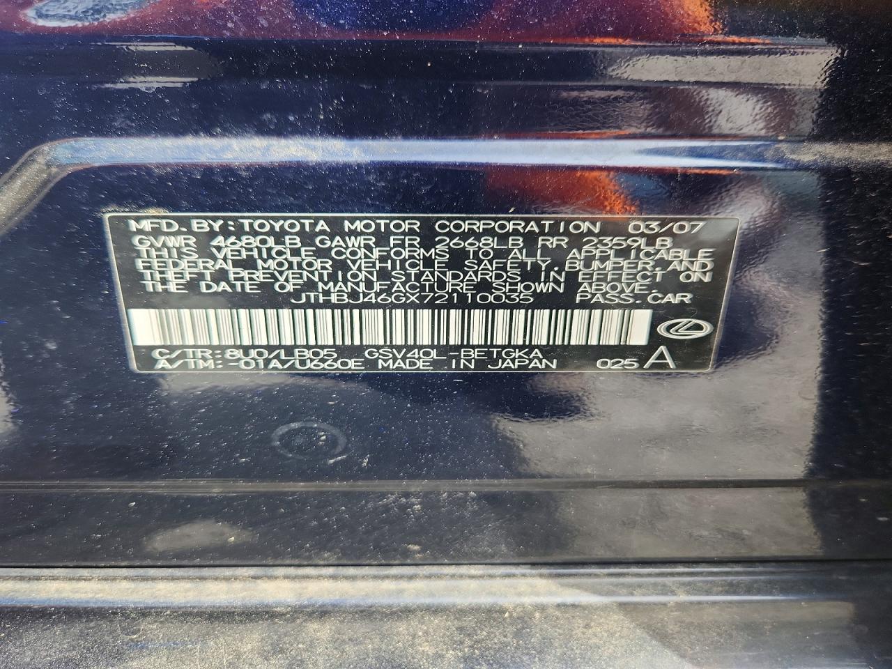 2007 Lexus Es 350 Blue vin: JTHBJ46GX72110035