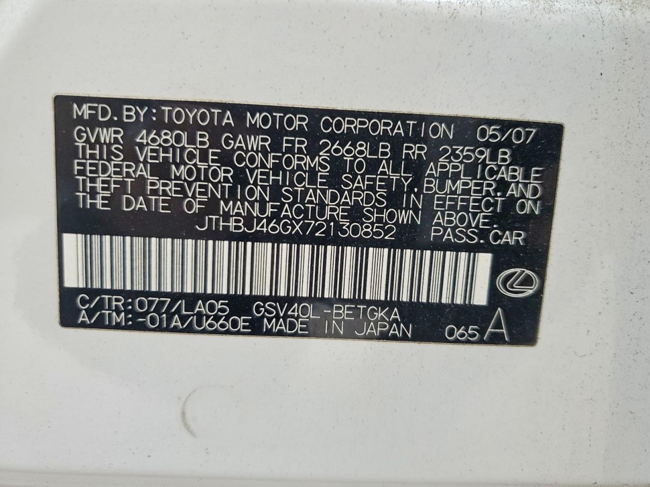 2007 Lexus Es 350 White vin: JTHBJ46GX72130852