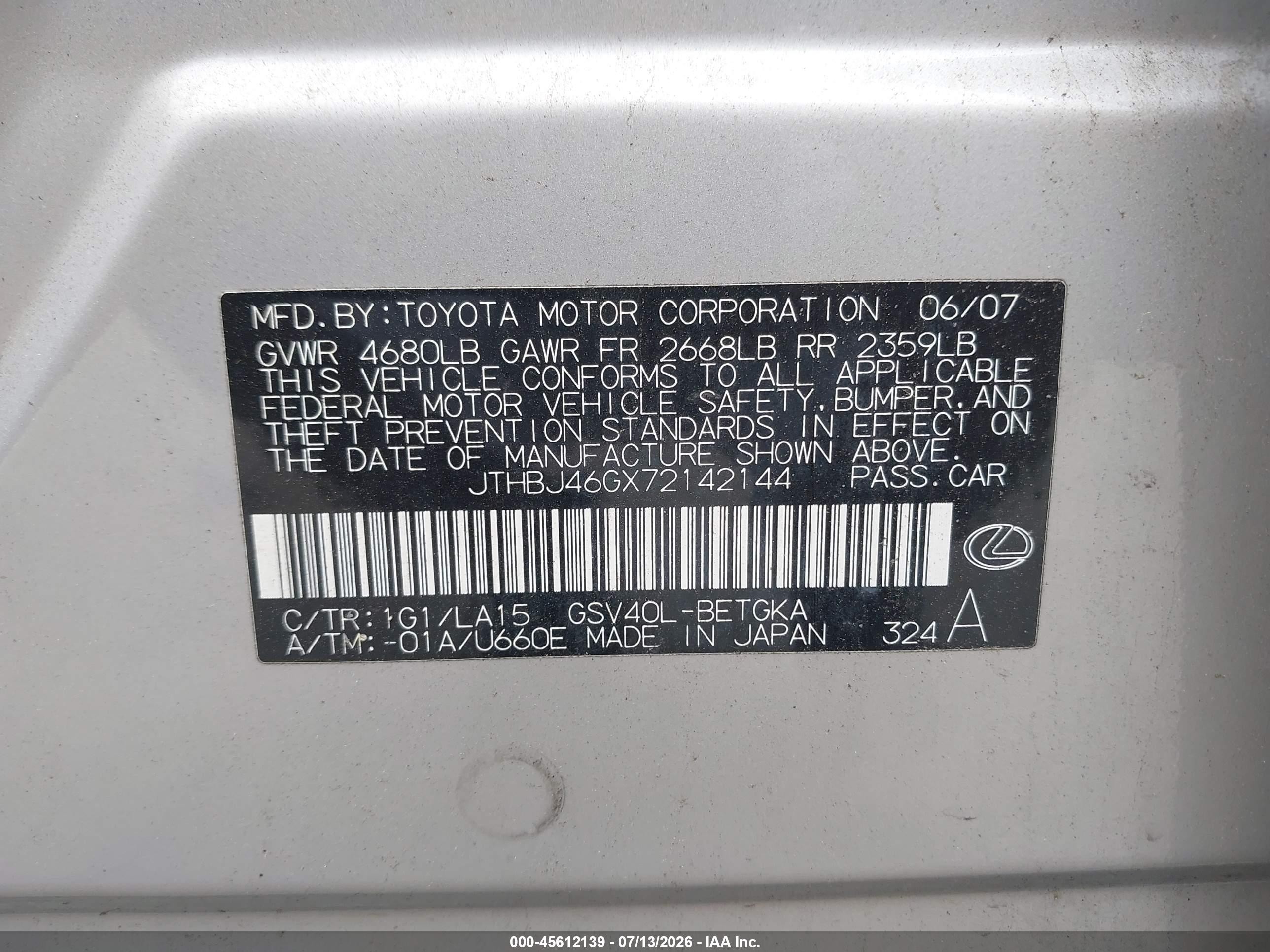 2007 Lexus Es 350   Silver vin: JTHBJ46GX72142144