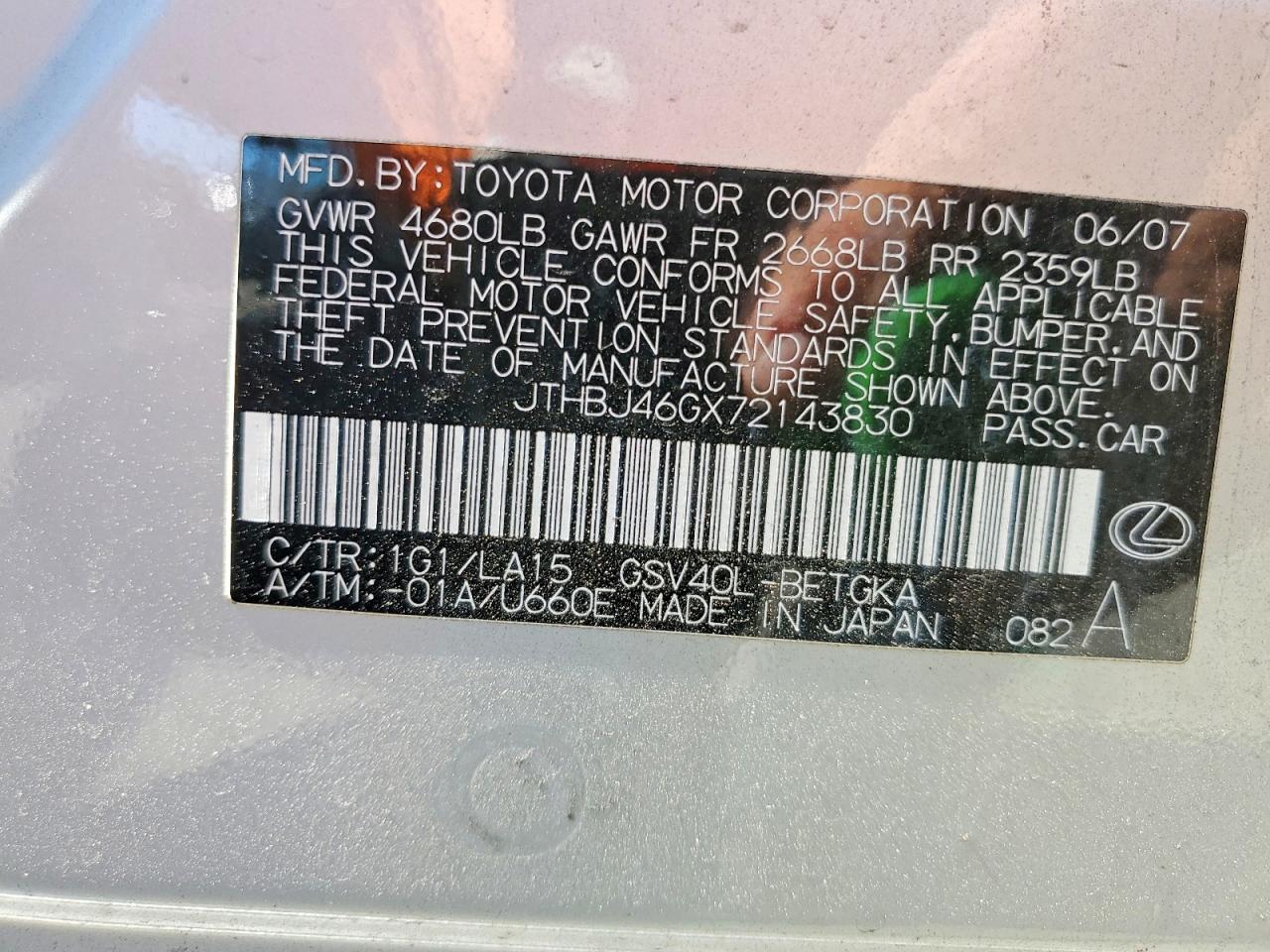 2007 Lexus Es 350 Серебряный vin: JTHBJ46GX72143830