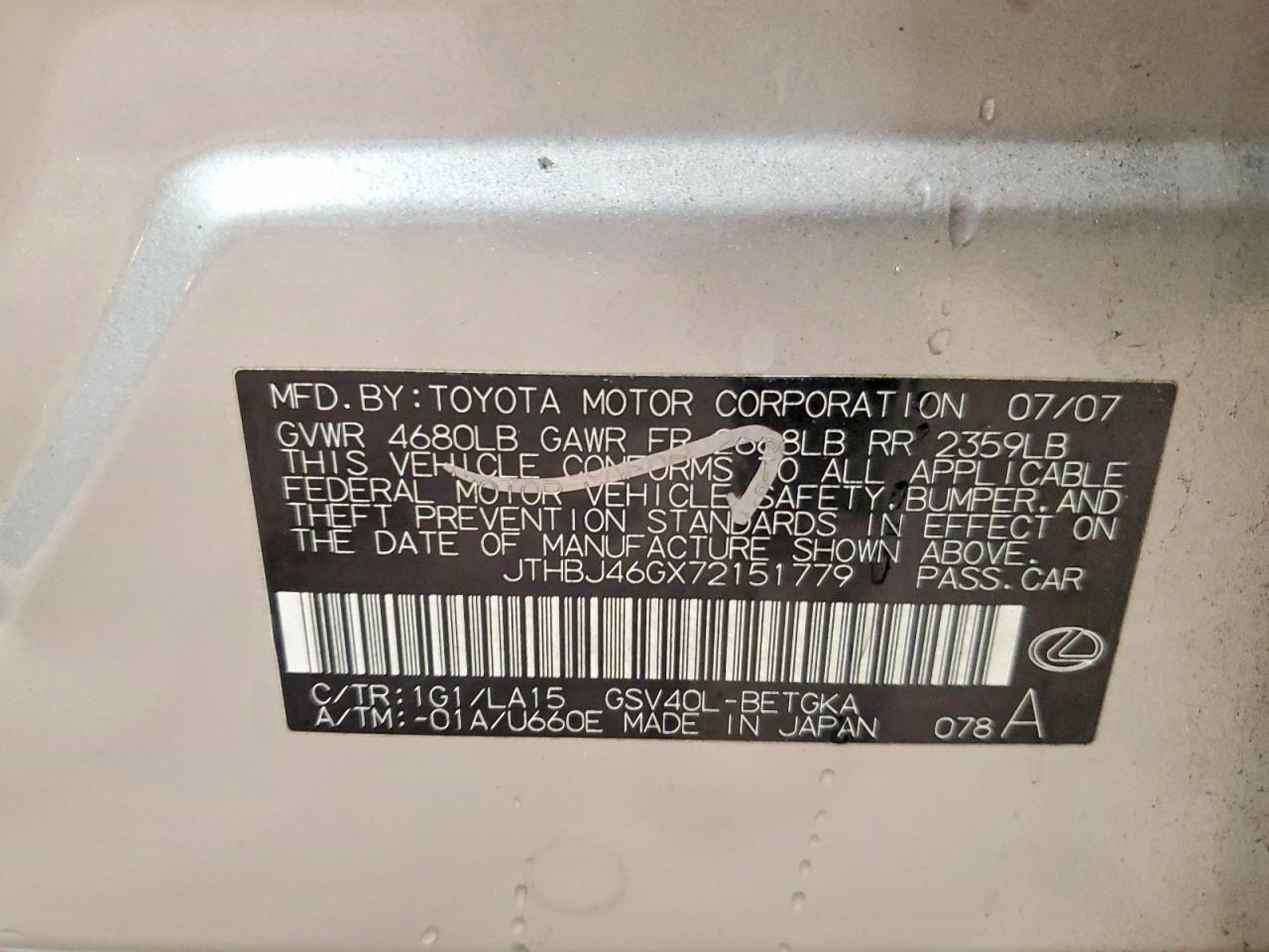 2007 Lexus Es 350 Silver vin: JTHBJ46GX72151779