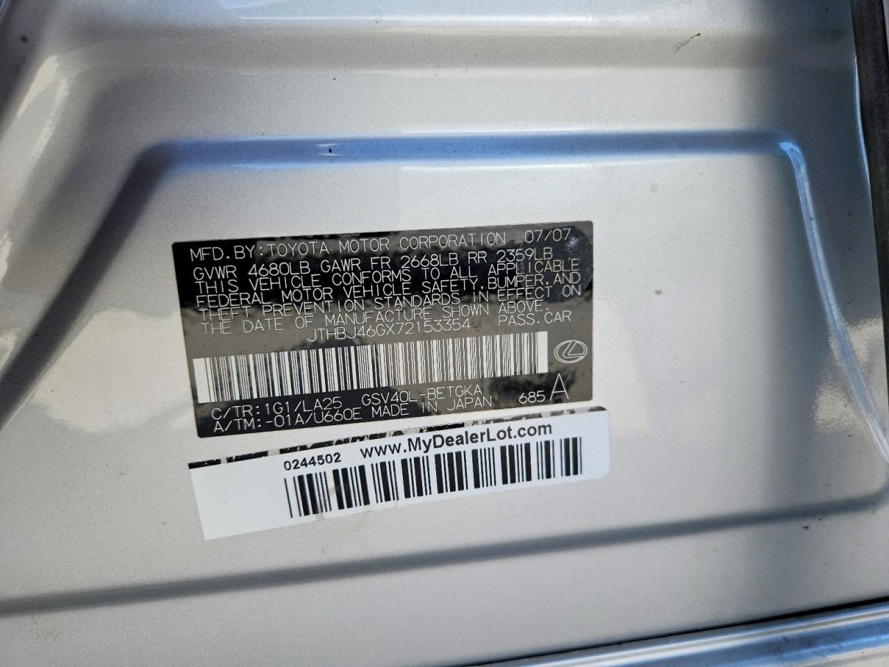 2007 Lexus Es 350 Silver vin: JTHBJ46GX72153354
