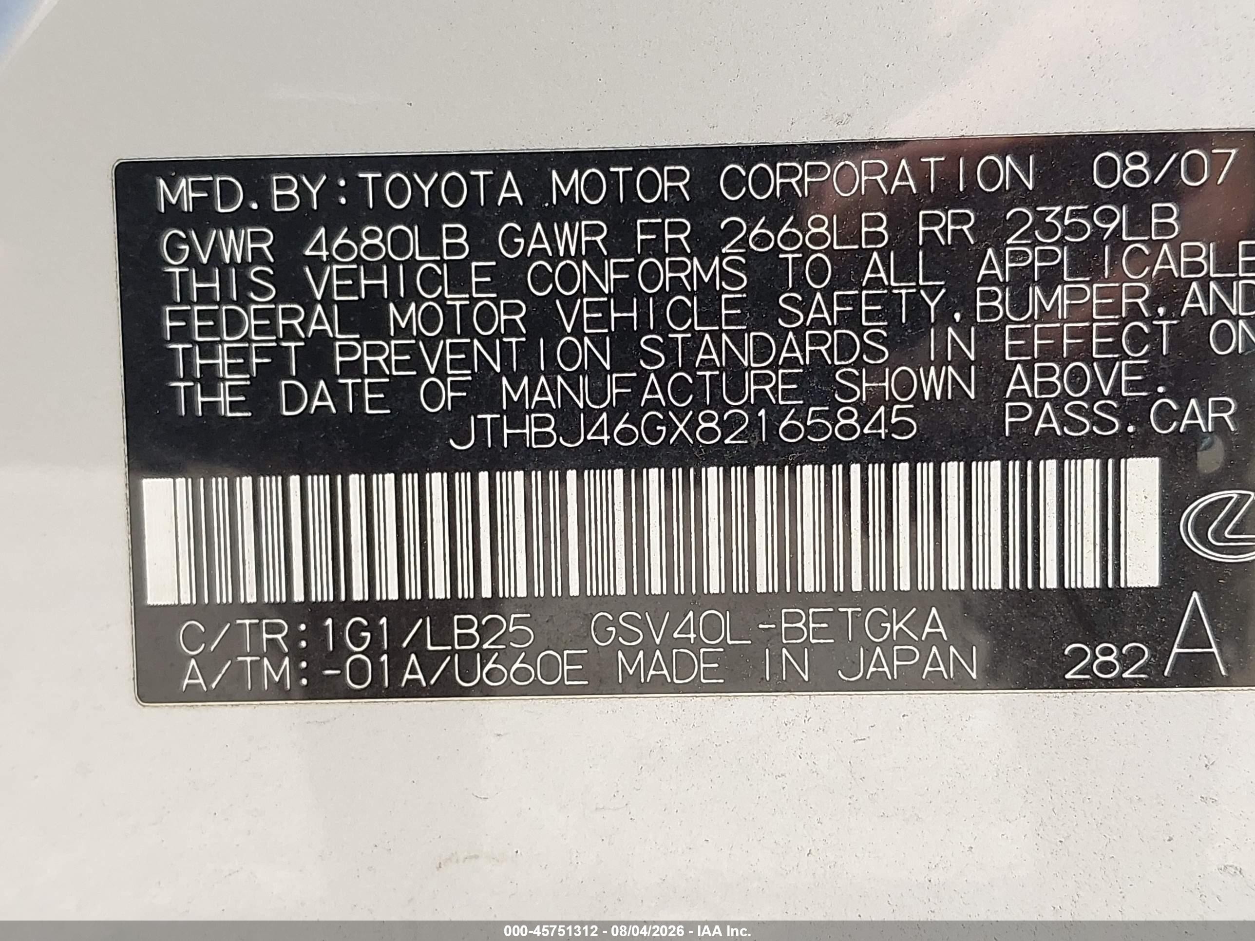 2008 Lexus Es 350   Silver vin: JTHBJ46GX82165845