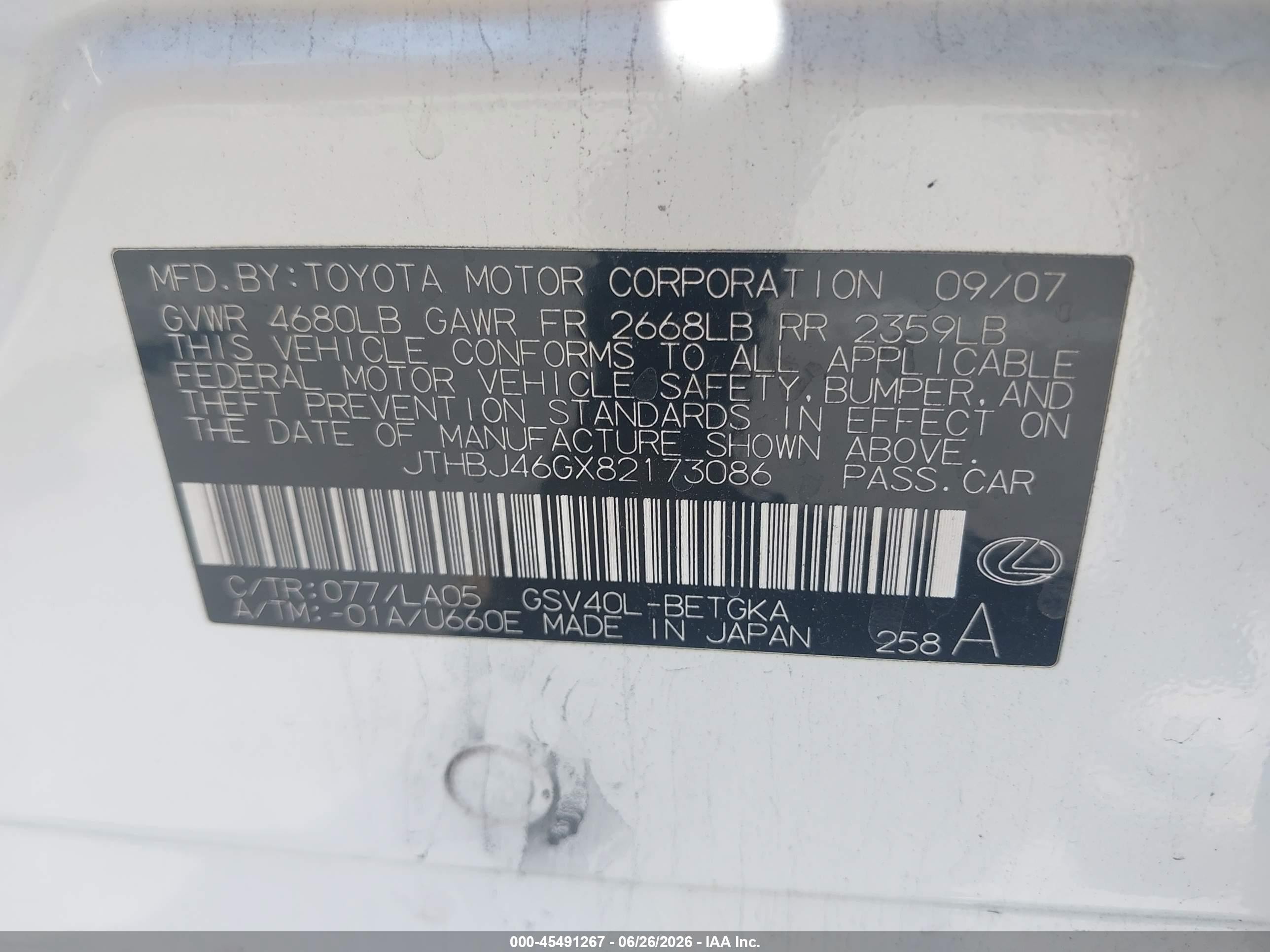 2008 Lexus Es 350   White vin: JTHBJ46GX82173086