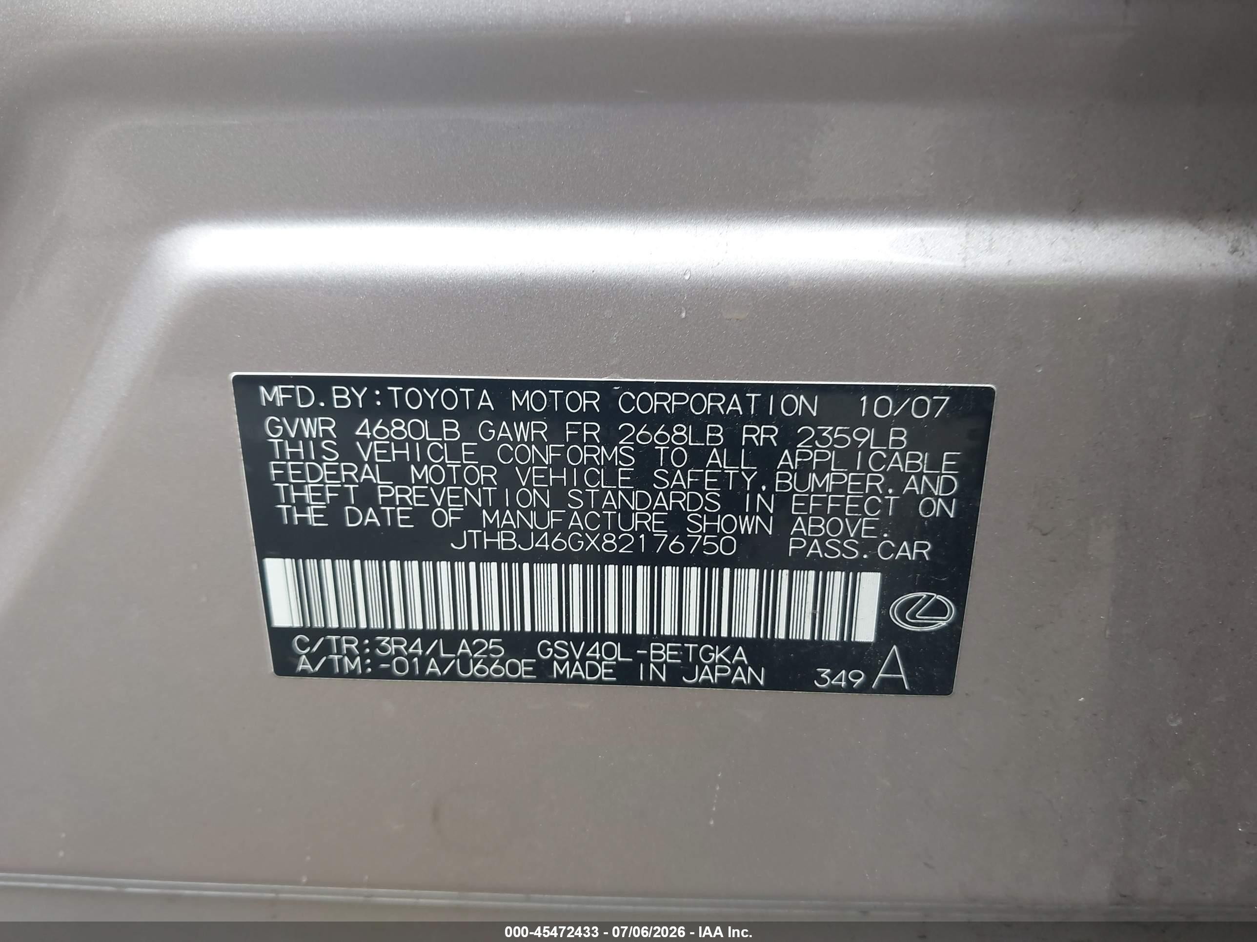 2008 Lexus Es 350   Silver vin: JTHBJ46GX82176750