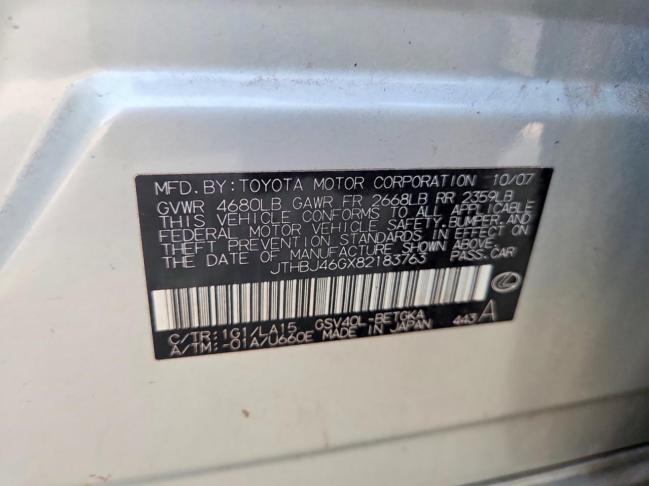 2008 Lexus Es 350 Silver vin: JTHBJ46GX82183763