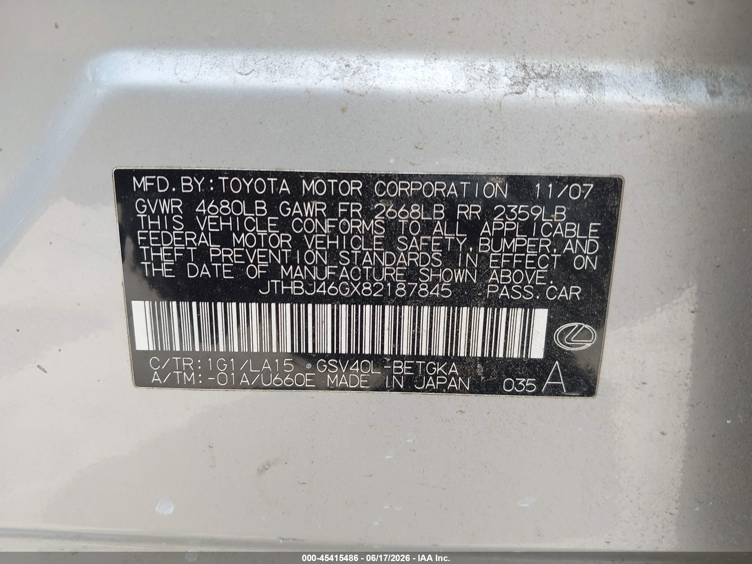2008 Lexus Es 350 Silver vin: JTHBJ46GX82187845