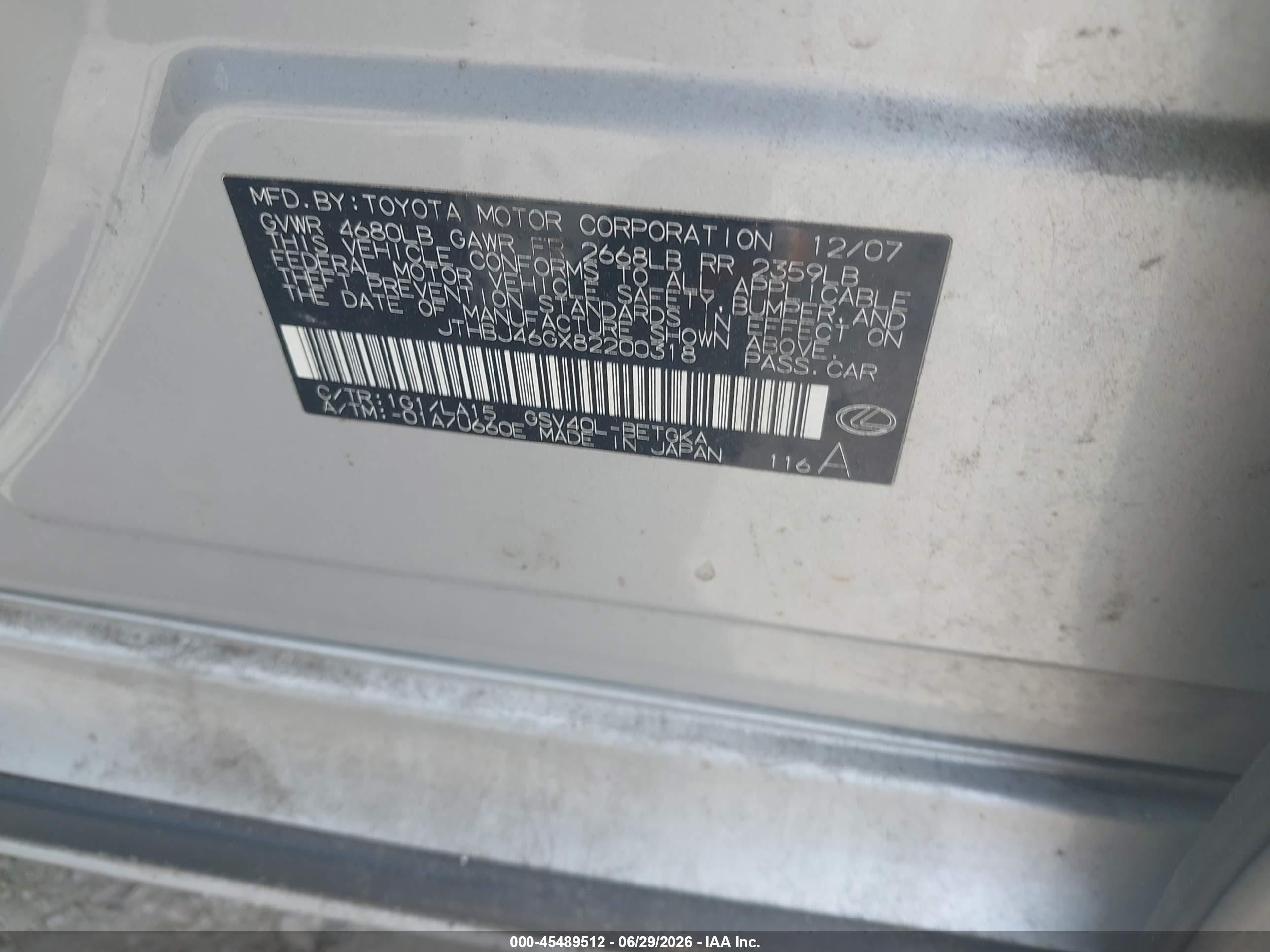 2008 Lexus Es 350   Silver vin: JTHBJ46GX82200318