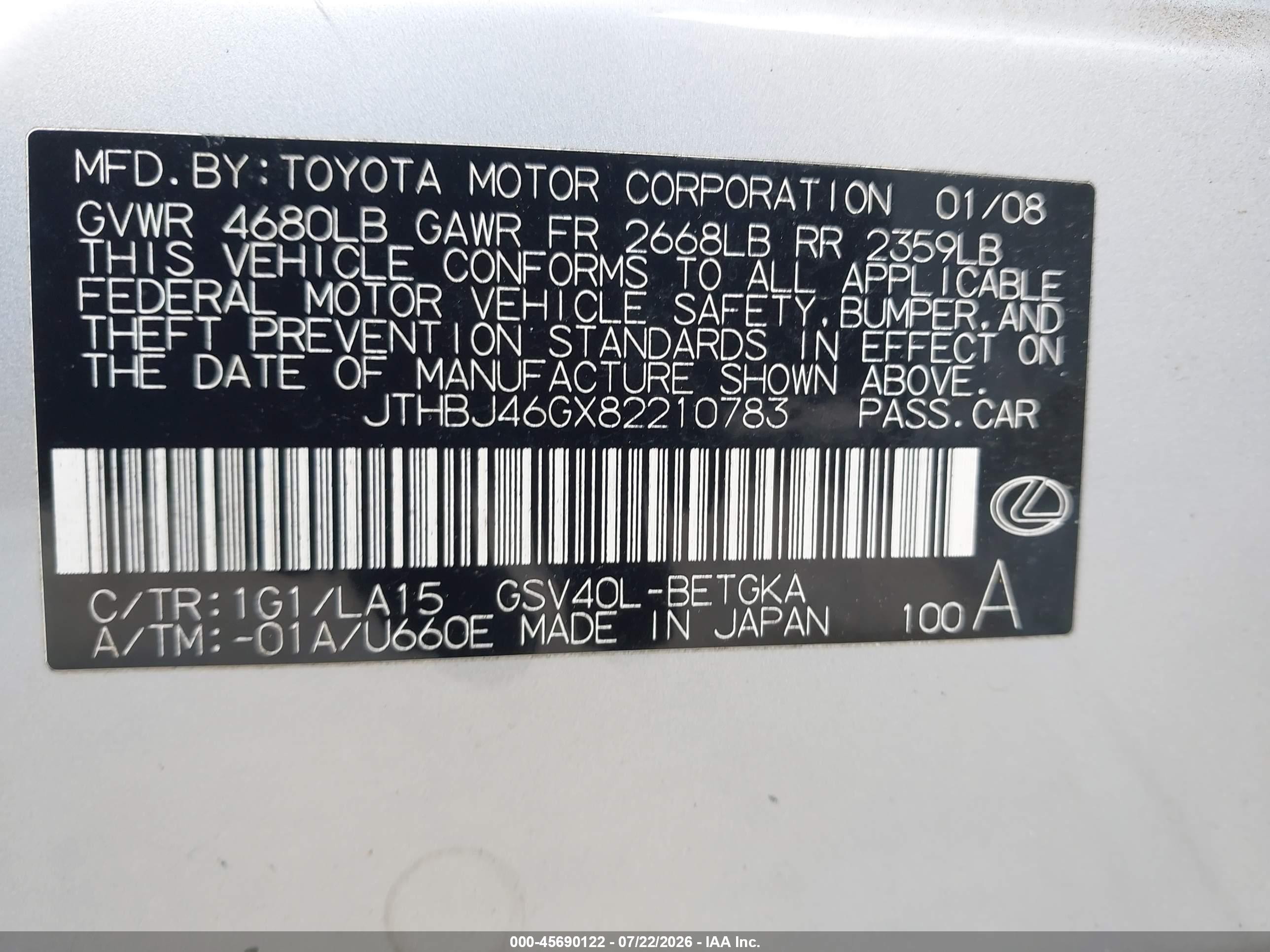 2008 Lexus Es 350   Silver vin: JTHBJ46GX82210783