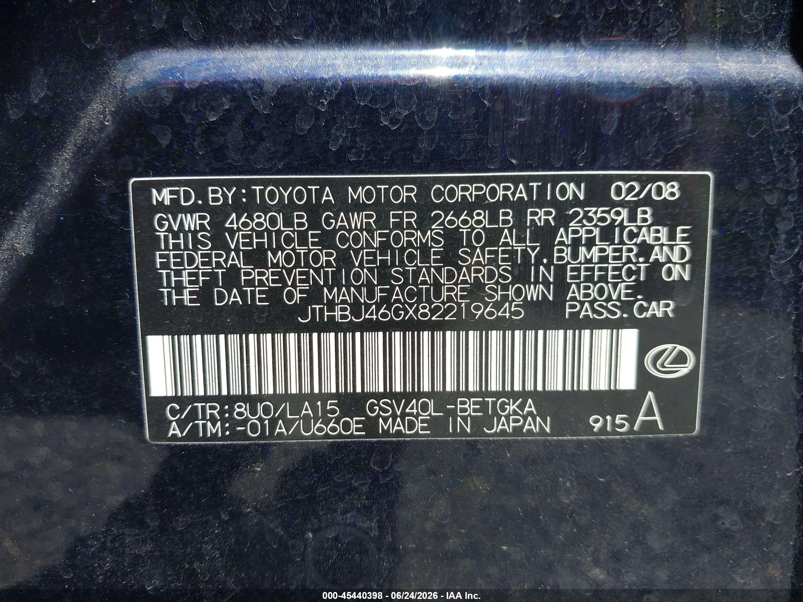 2008 Lexus Es 350 Blue vin: JTHBJ46GX82219645