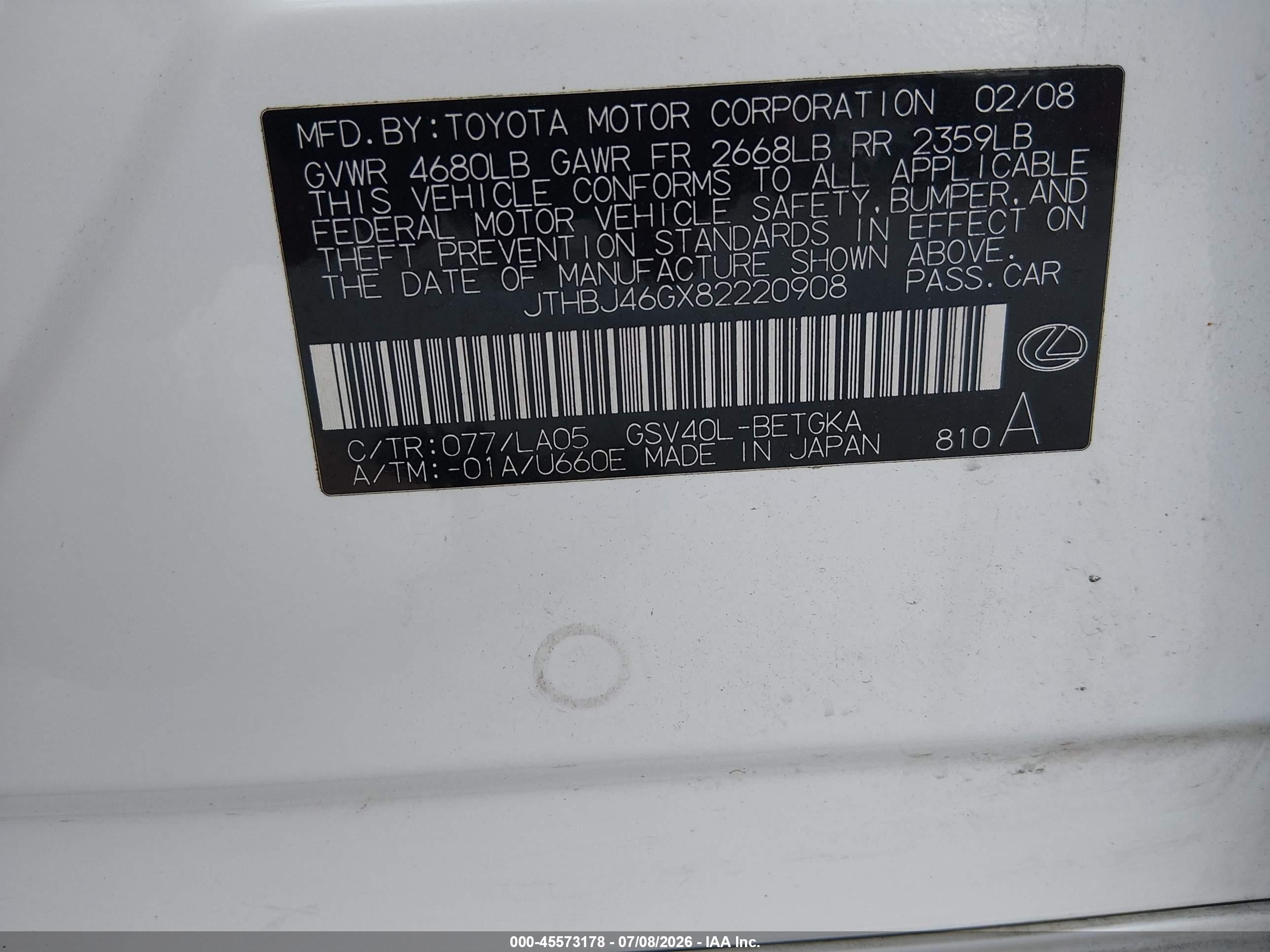 2008 Lexus Es 350 White vin: JTHBJ46GX82220908