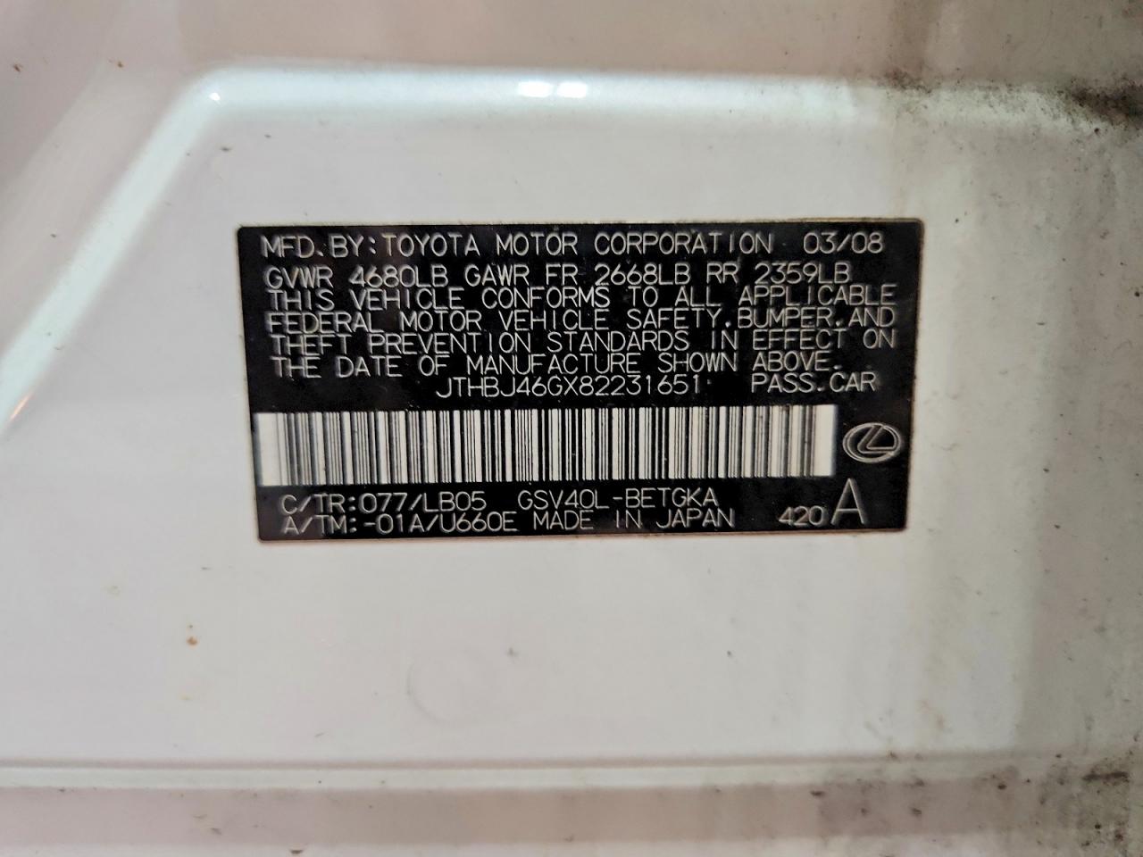 2008 Lexus Es 350 Белый vin: JTHBJ46GX82231651