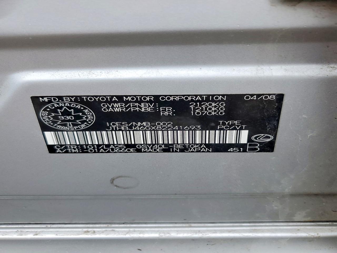 2008 Lexus Es 350 Silver vin: JTHBJ46GX82241693