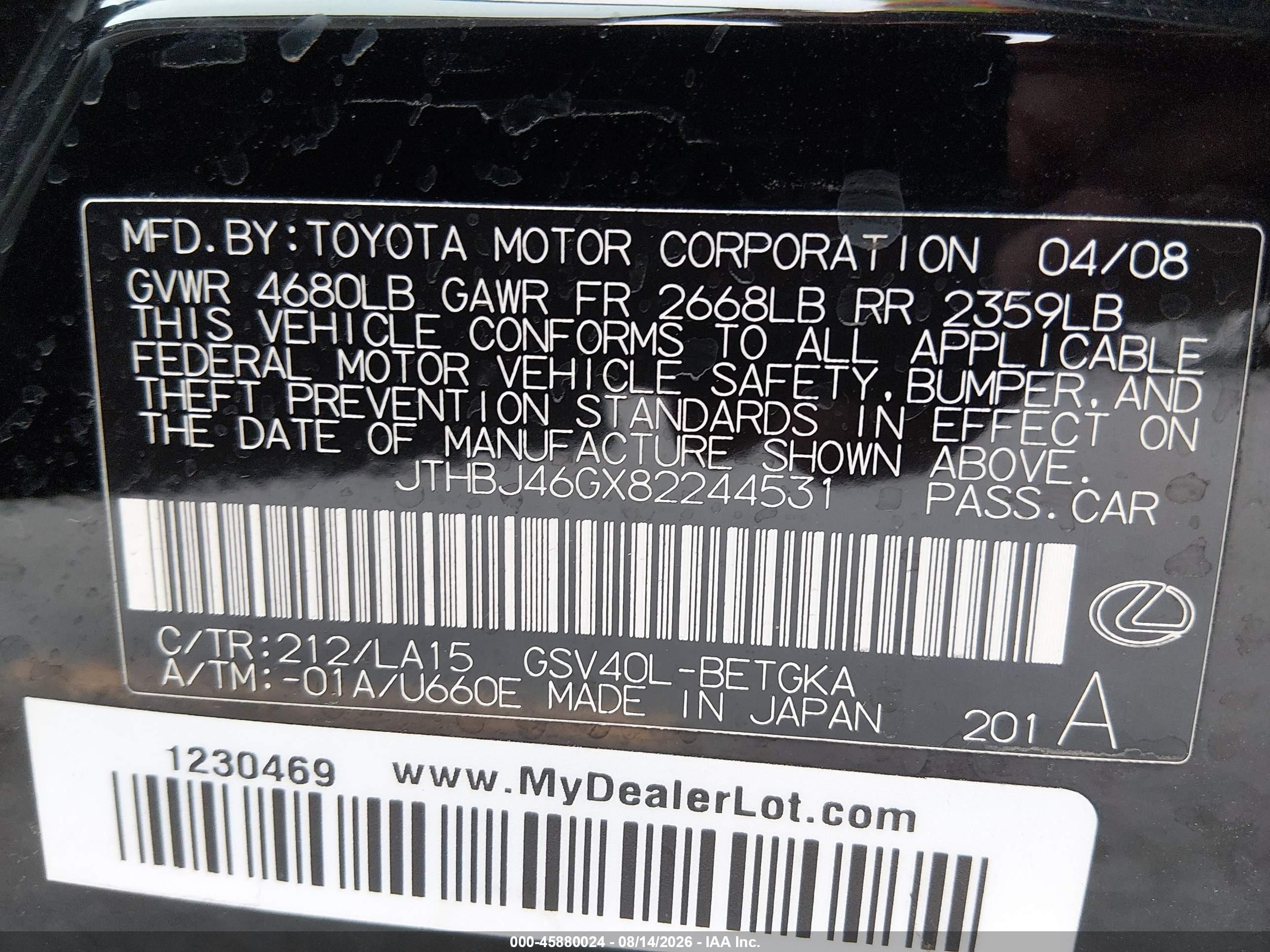 2008 Lexus Es 350 Черный vin: JTHBJ46GX82244531