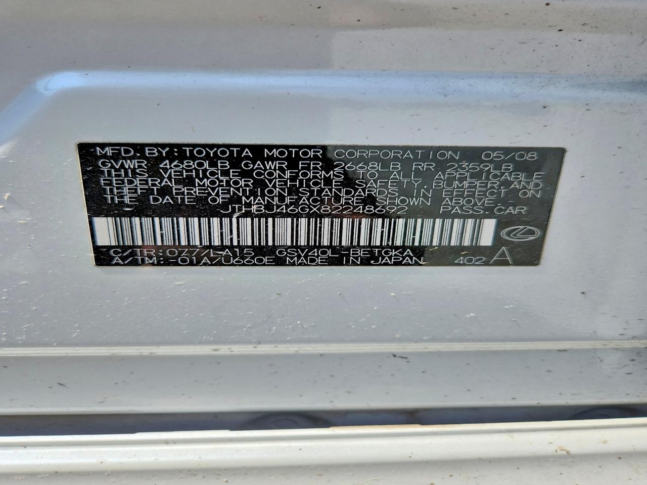2008 Lexus Es 350 White vin: JTHBJ46GX82248692