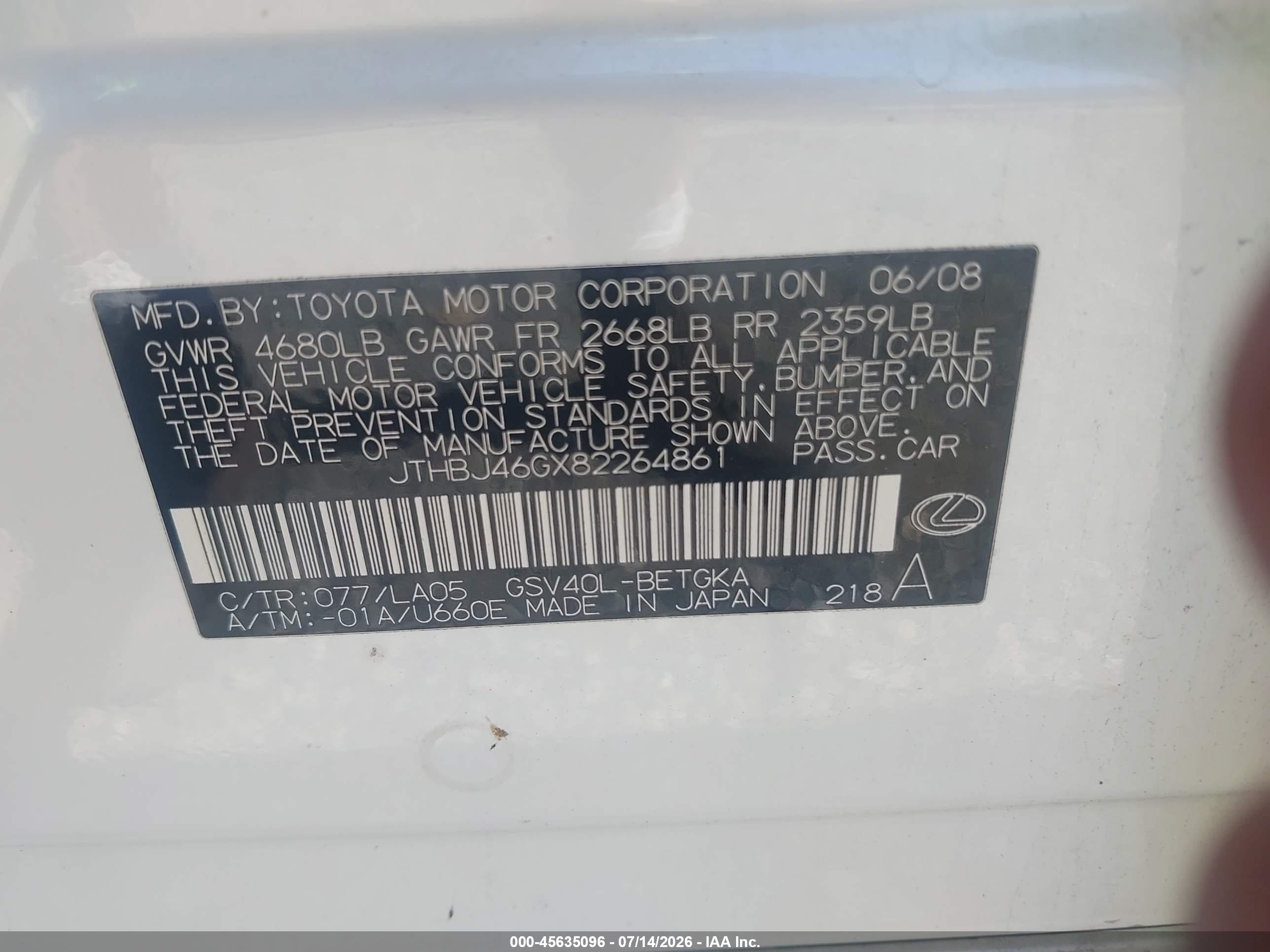 2008 Lexus Es 350   White vin: JTHBJ46GX82264861