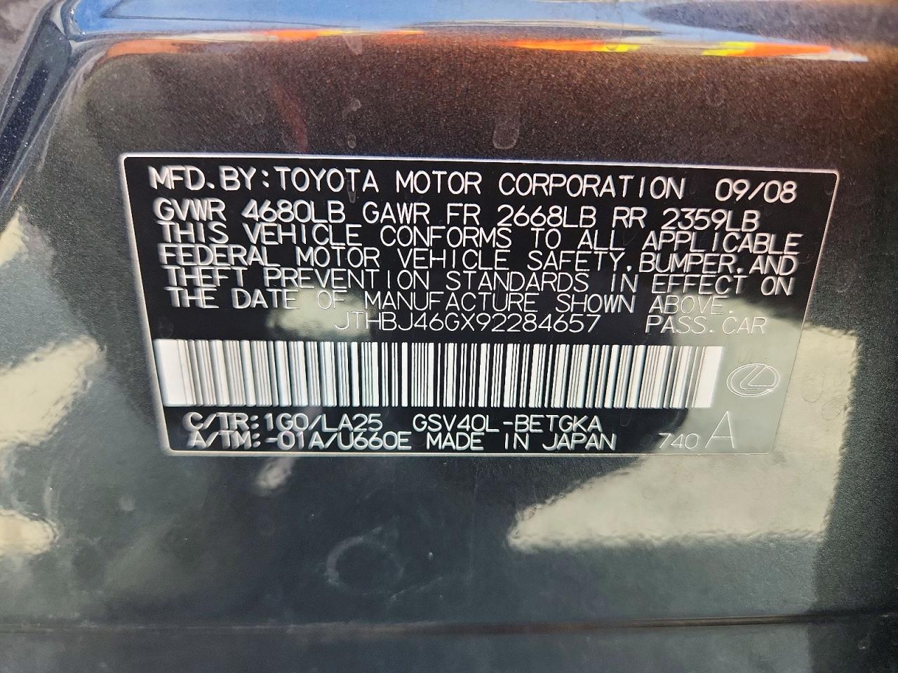 2009 Lexus Es 350 Black vin: JTHBJ46GX92284657