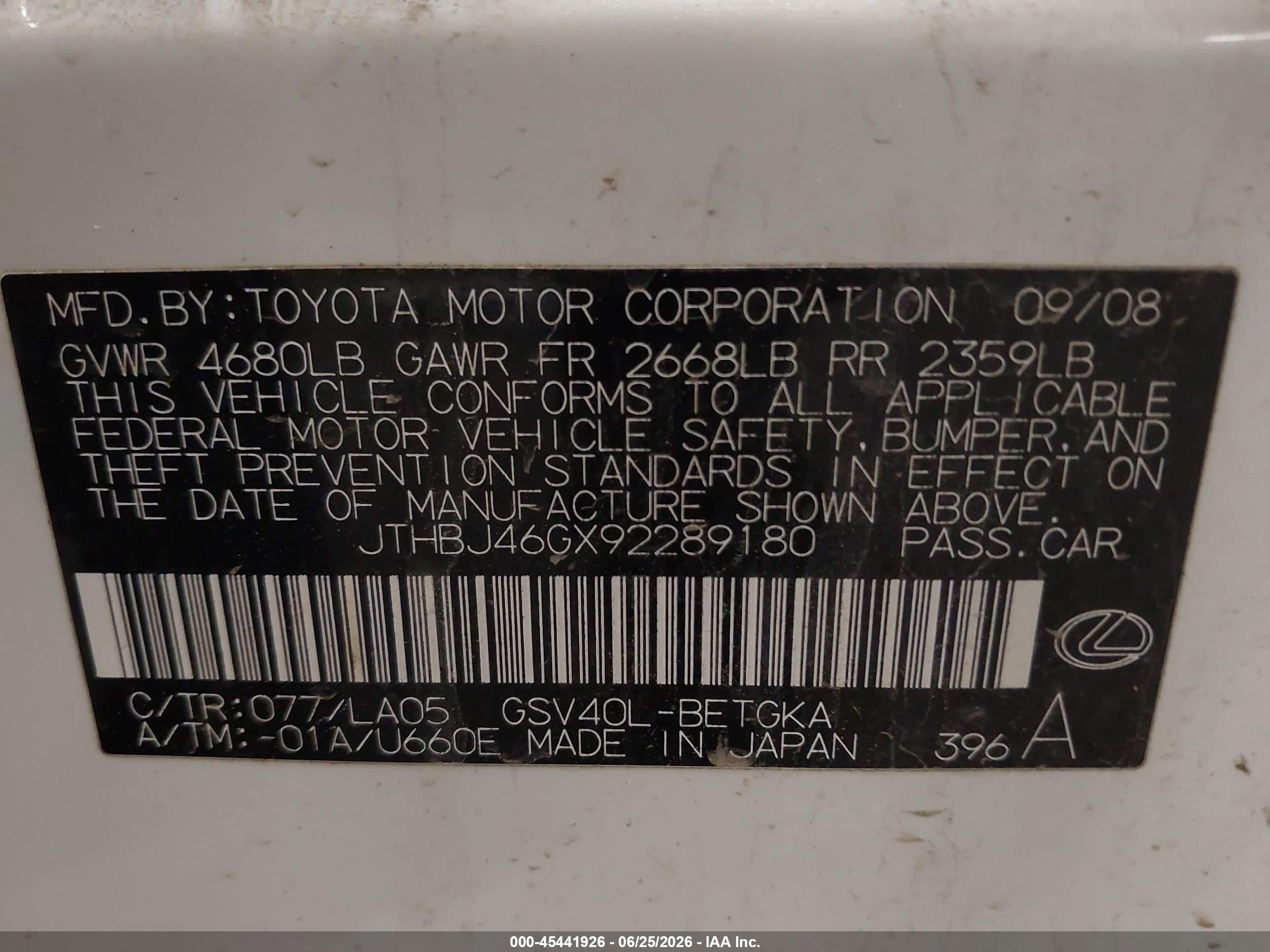 2009 Lexus Es 350   White vin: JTHBJ46GX92289180