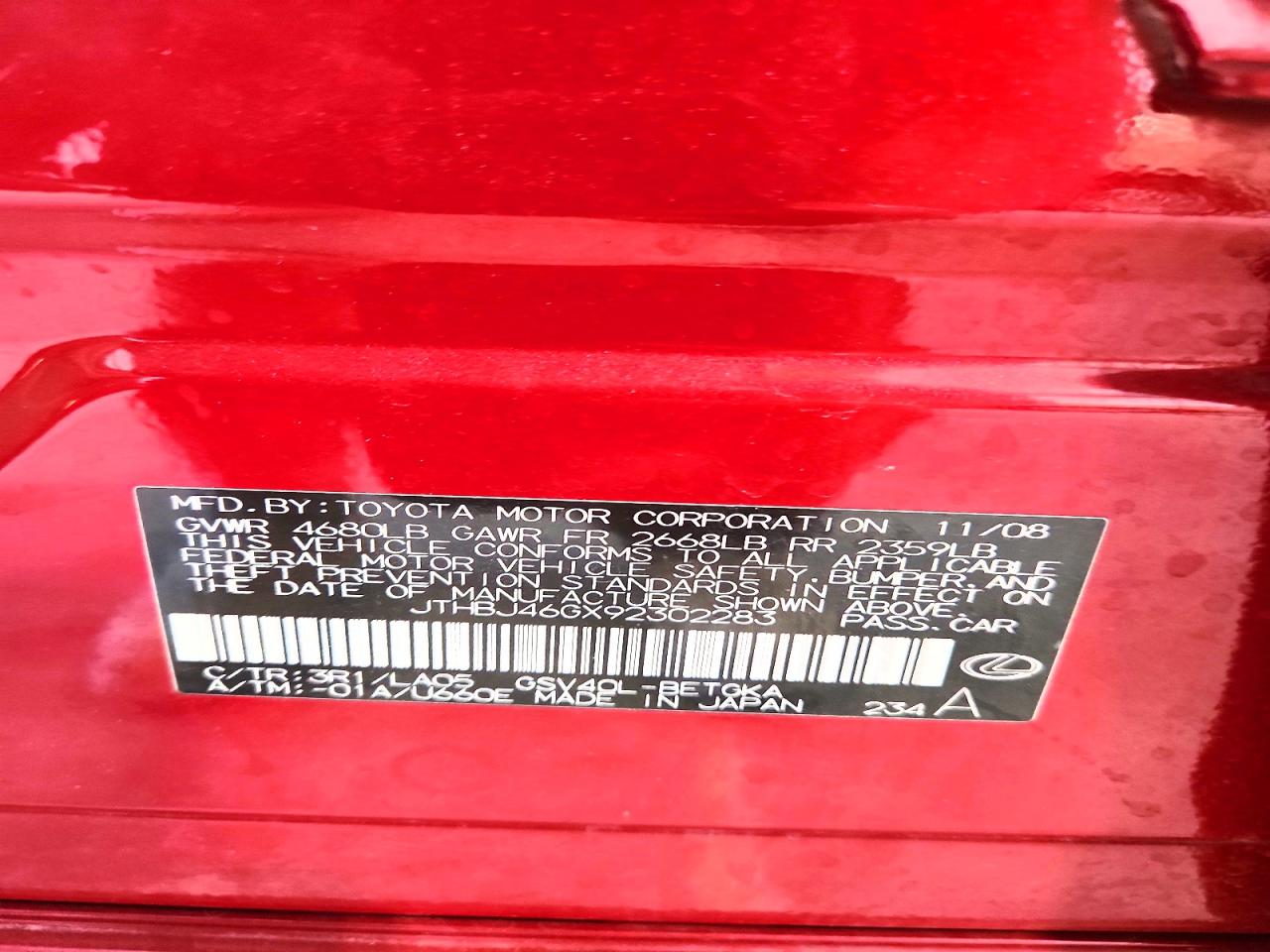 2009 Lexus Es 350 Бордовый vin: JTHBJ46GX92302283