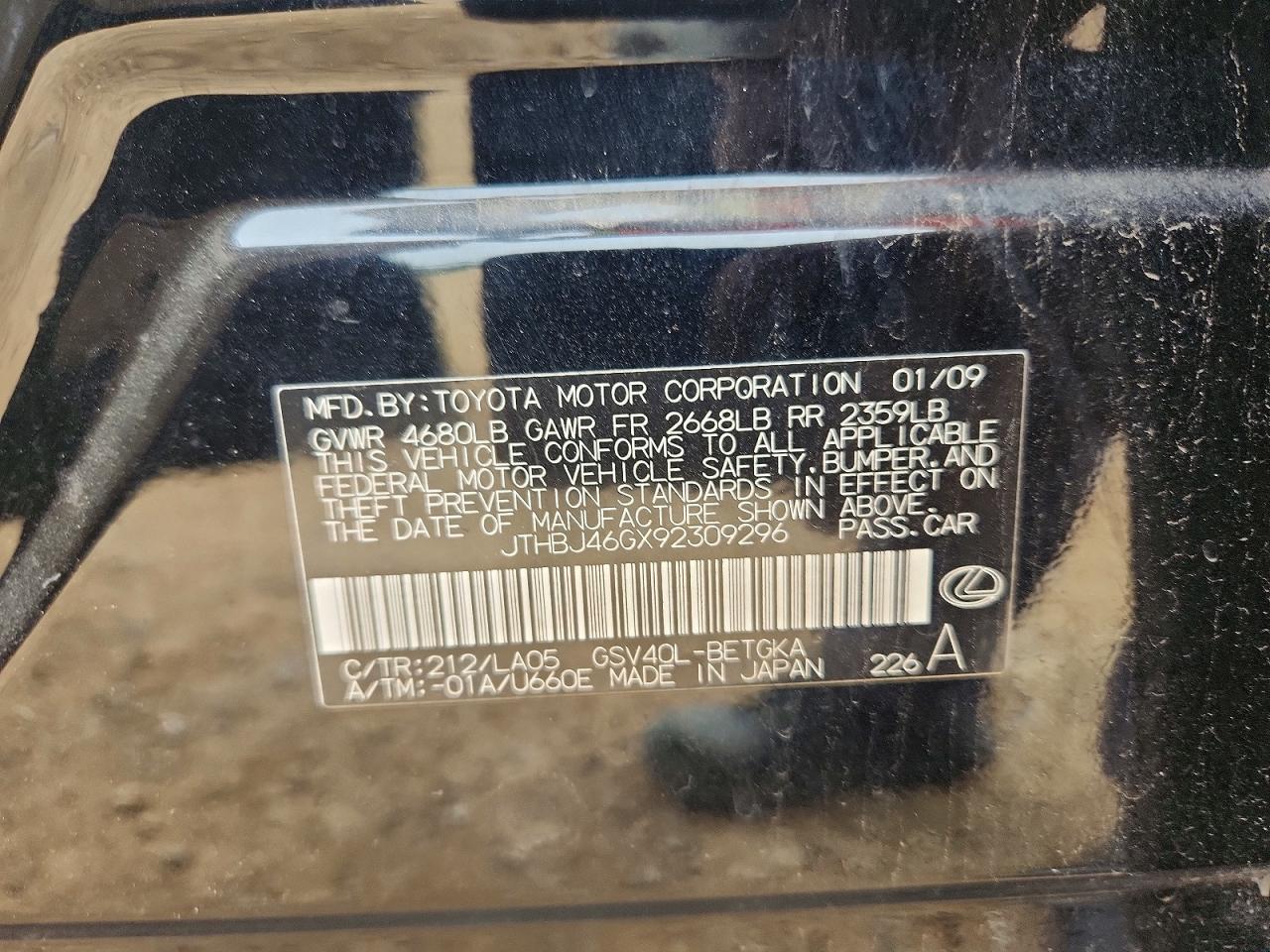 2009 Lexus Es 350 Black vin: JTHBJ46GX92309296