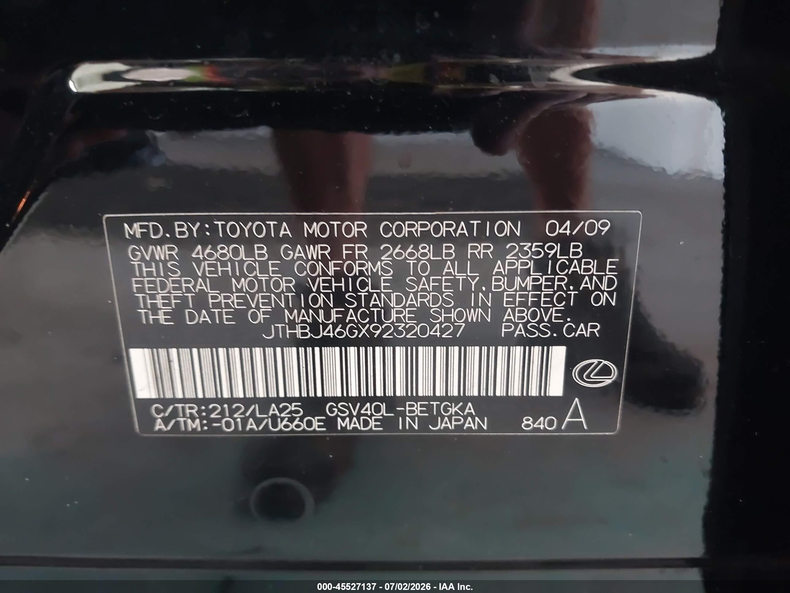 2009 Lexus Es 350   Black vin: JTHBJ46GX92320427