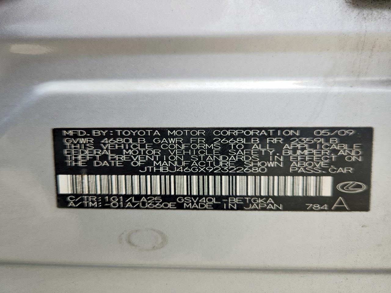 2009 Lexus Es 350 Silver vin: JTHBJ46GX92322680