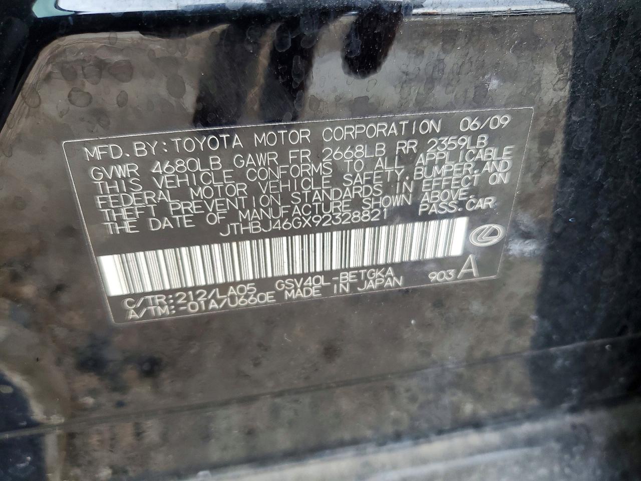 2009 Lexus Es 350 Black vin: JTHBJ46GX92328821