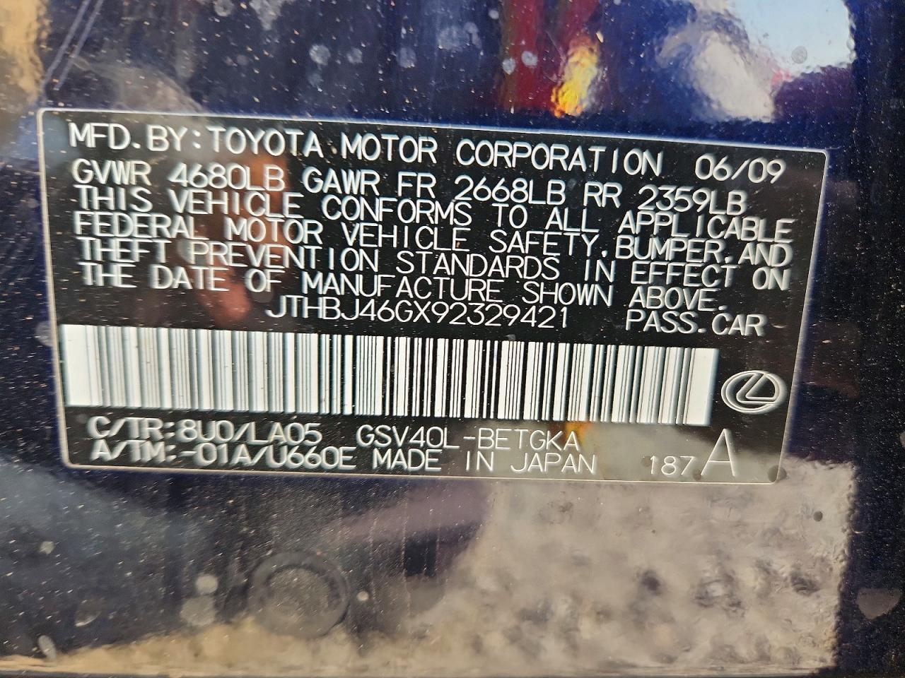 2009 Lexus Es 350 Черный vin: JTHBJ46GX92329421