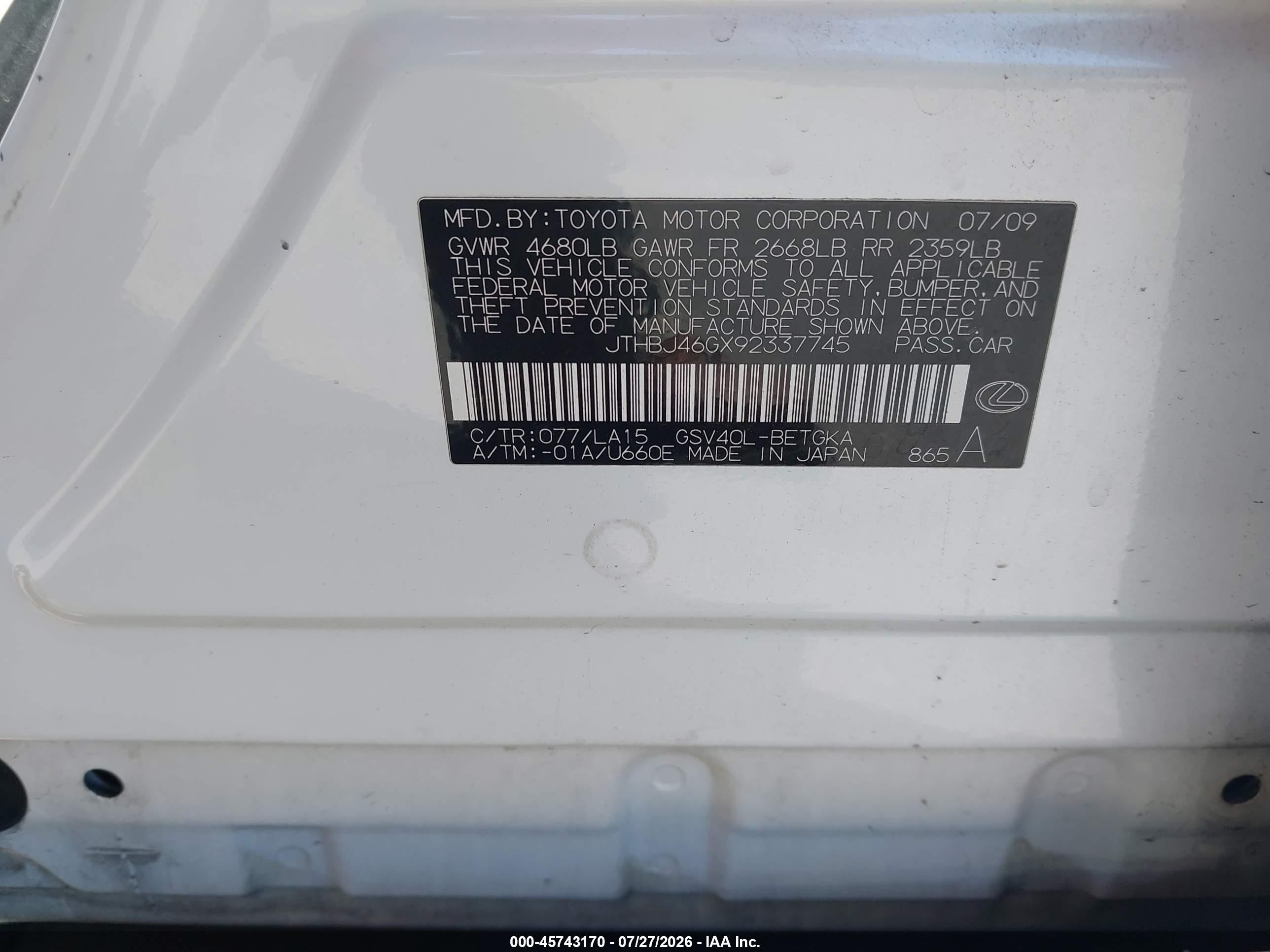 2009 Lexus Es 350   White vin: JTHBJ46GX92337745