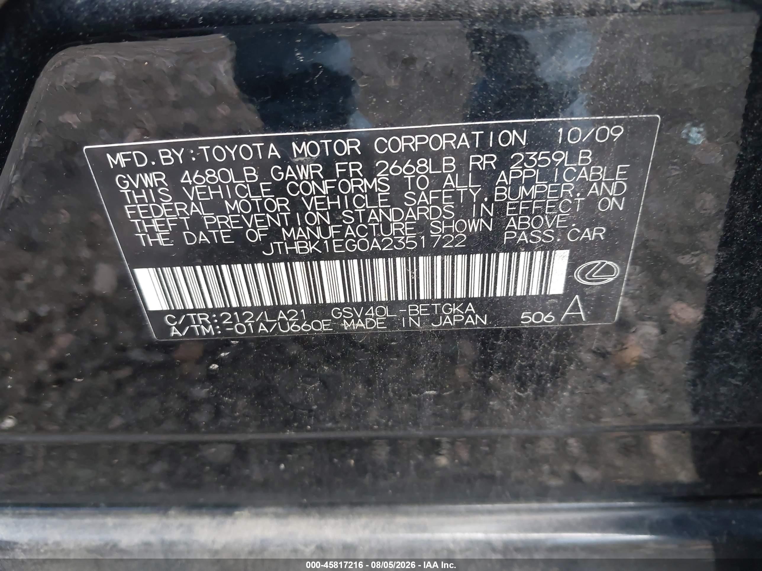 2010 Lexus Es 350   Black vin: JTHBK1EG0A2351722