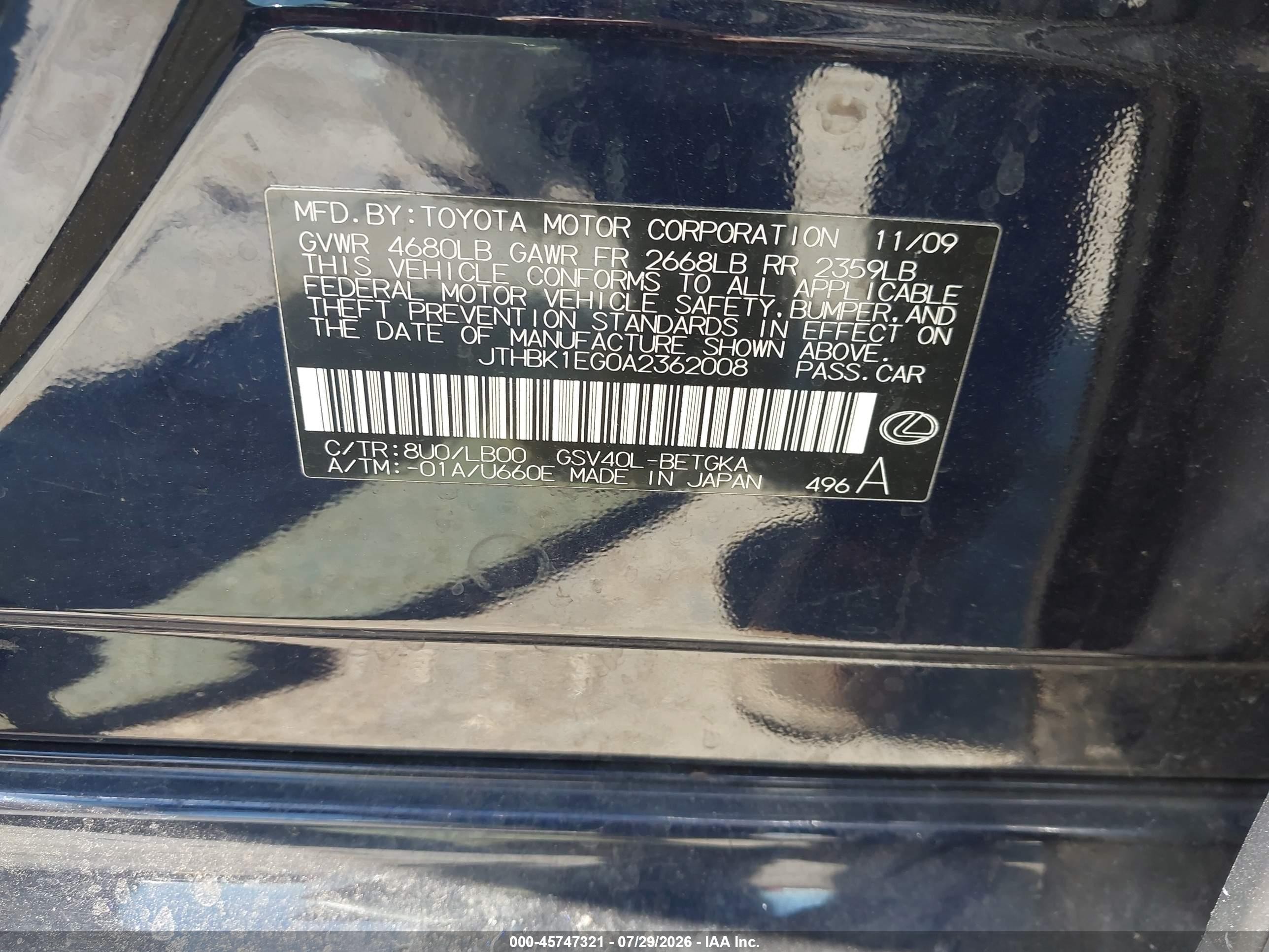 2010 Lexus Es 350 Dark Blue vin: JTHBK1EG0A2362008