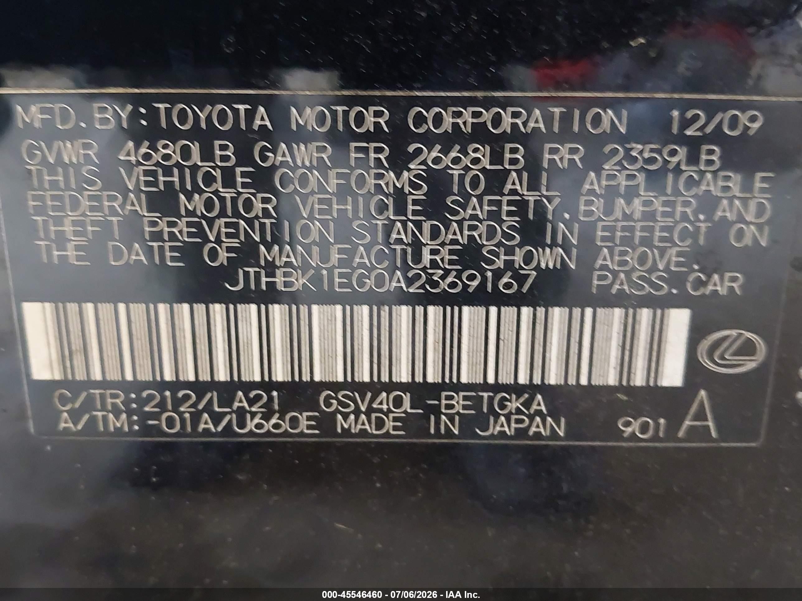2010 Lexus Es 350   Черный vin: JTHBK1EG0A2369167