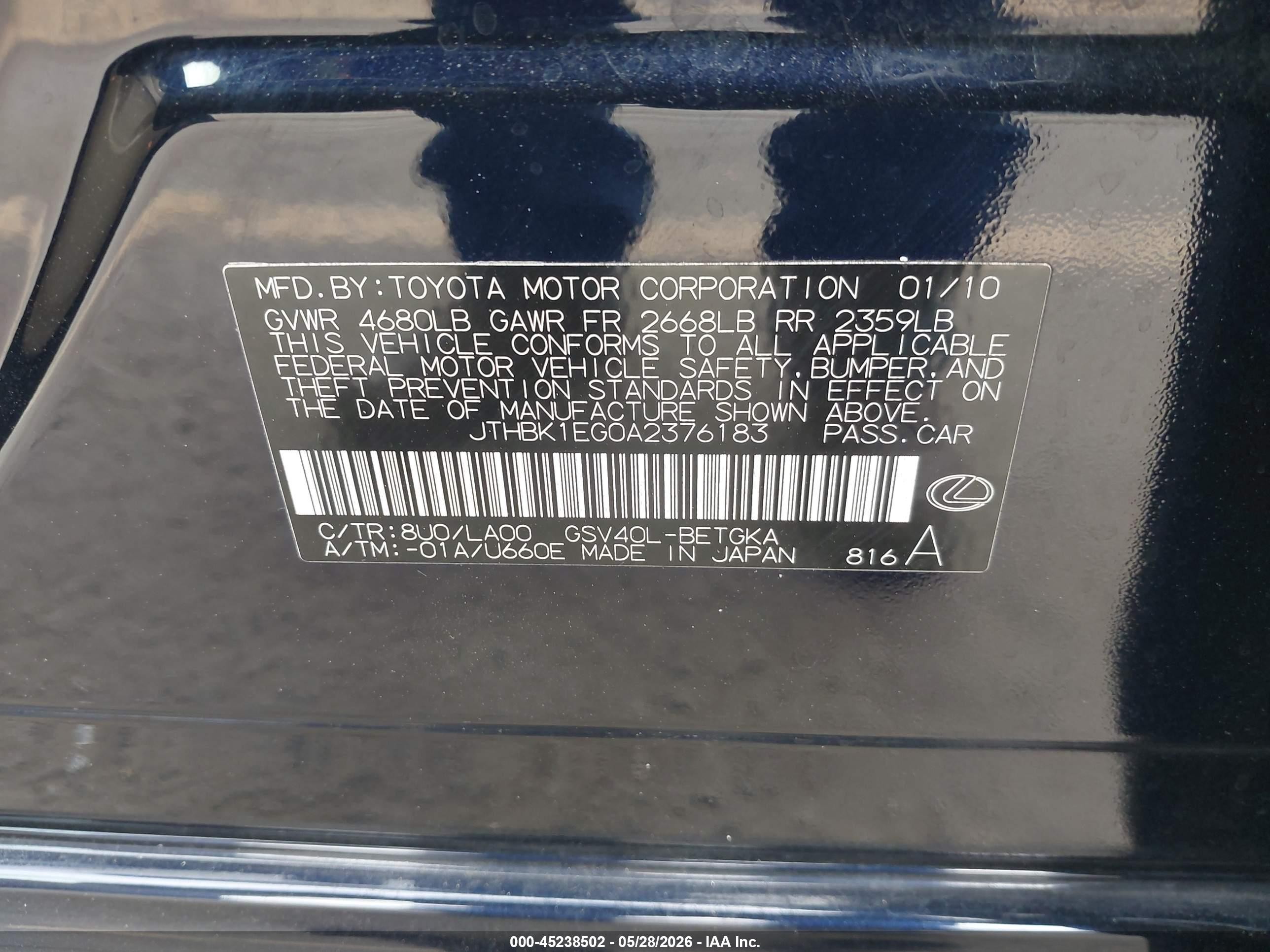 2010 Lexus Es 350   Black vin: JTHBK1EG0A2376183