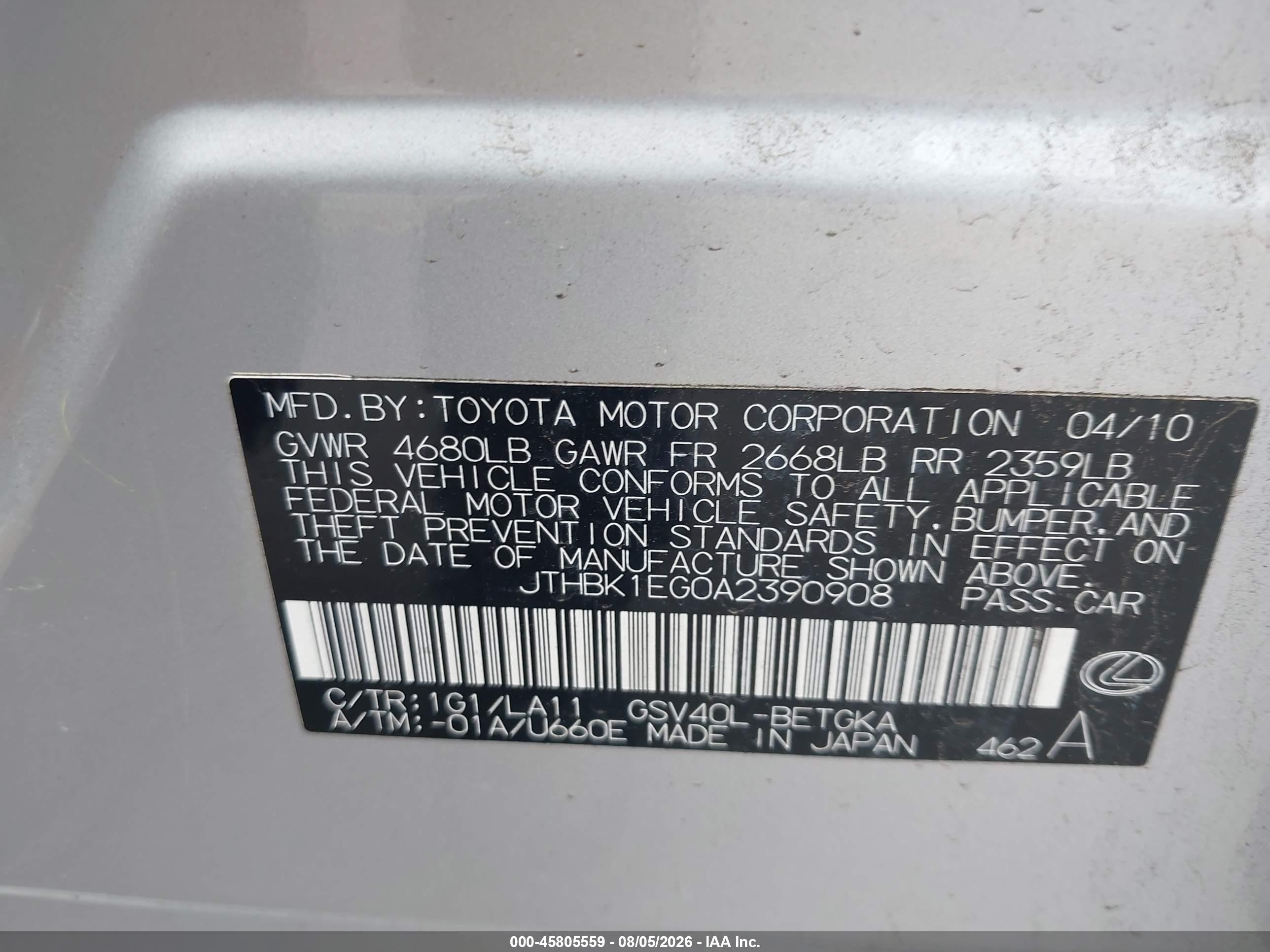 2010 Lexus Es 350 Silver vin: JTHBK1EG0A2390908