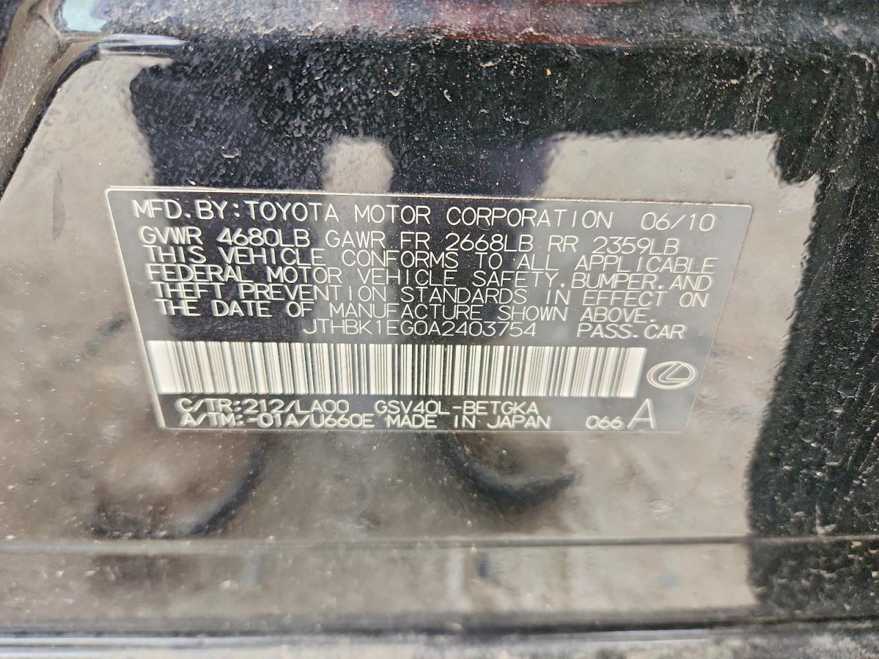 2010 Lexus Es 350 Base Black vin: JTHBK1EG0A2403754