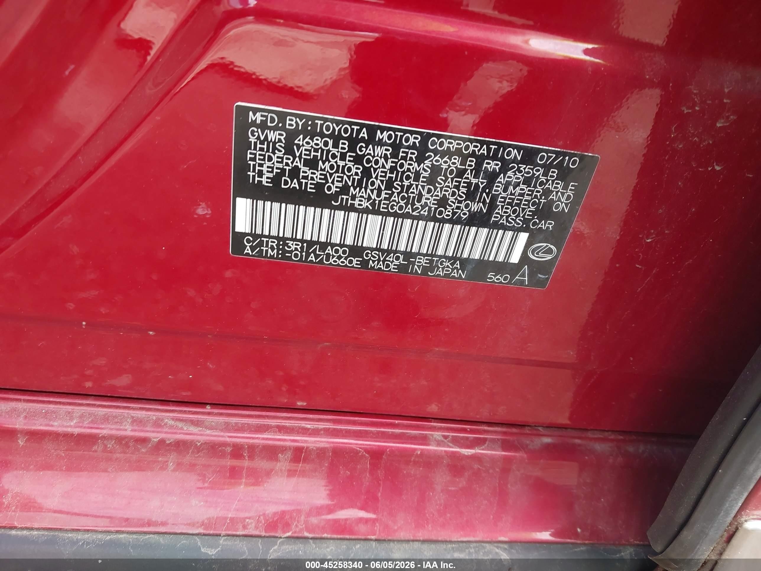 2010 Lexus Es 350 Красный vin: JTHBK1EG0A2410879