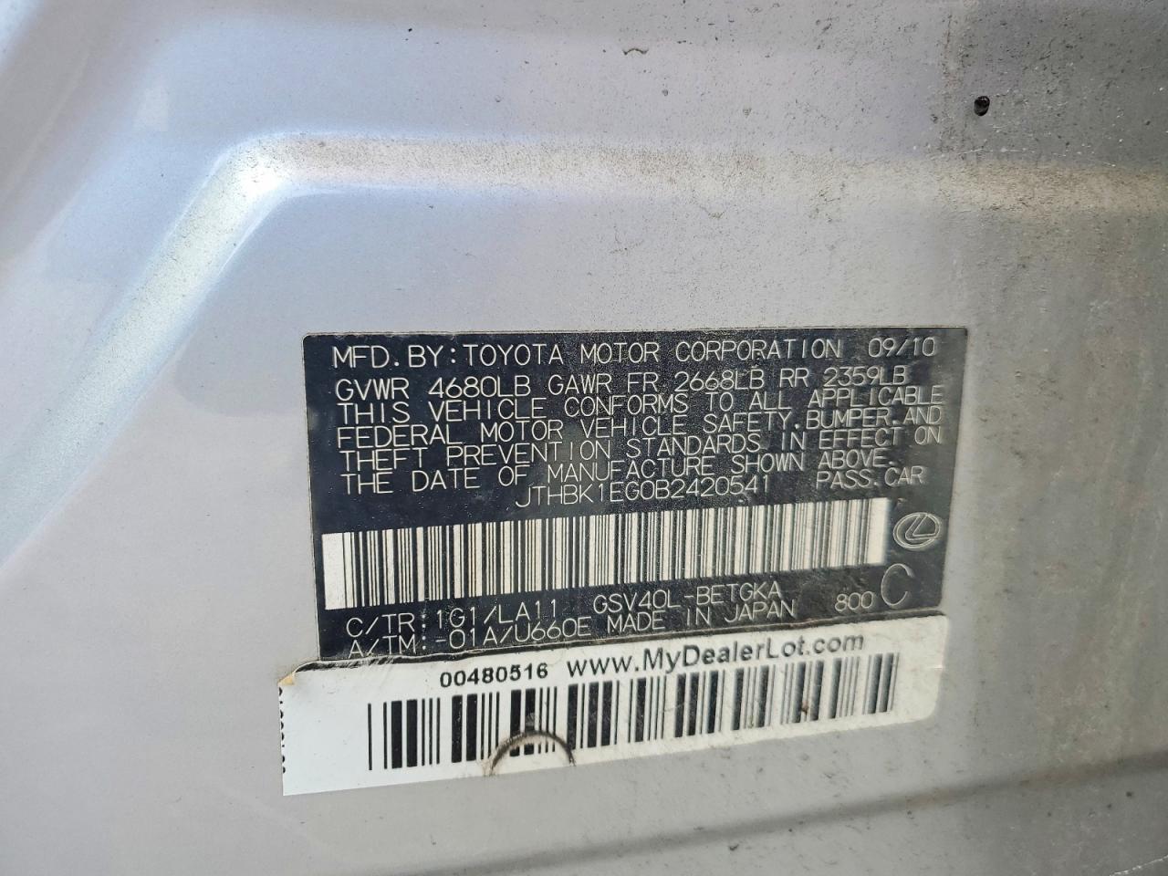 2011 Lexus Es 350 Silver vin: JTHBK1EG0B2420541