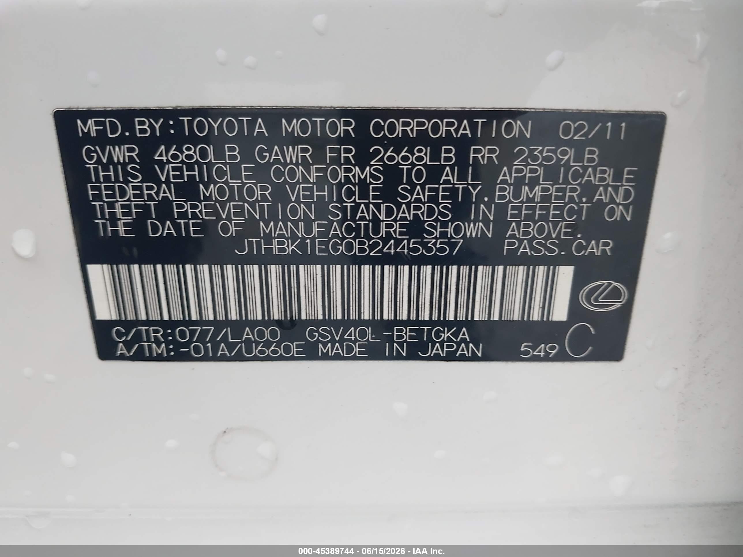2011 Lexus Es 350   White vin: JTHBK1EG0B2445357