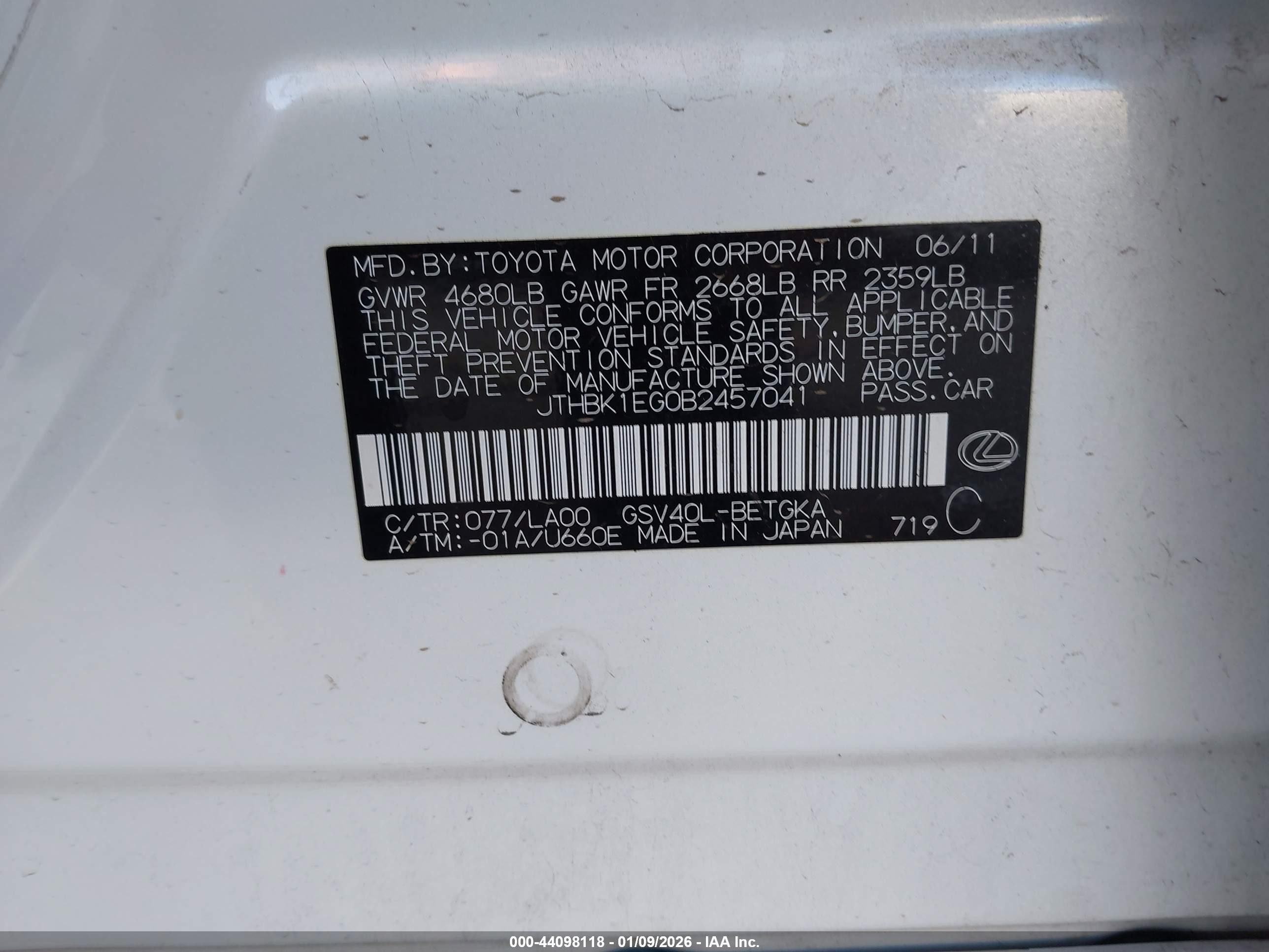 2011 Lexus Es 350   White vin: JTHBK1EG0B2457041