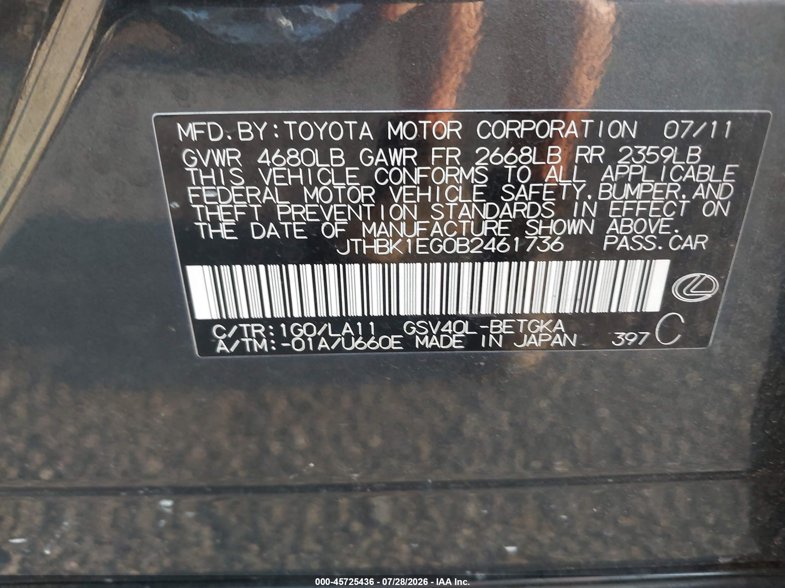 2011 Lexus Es 350   Gray vin: JTHBK1EG0B2461736