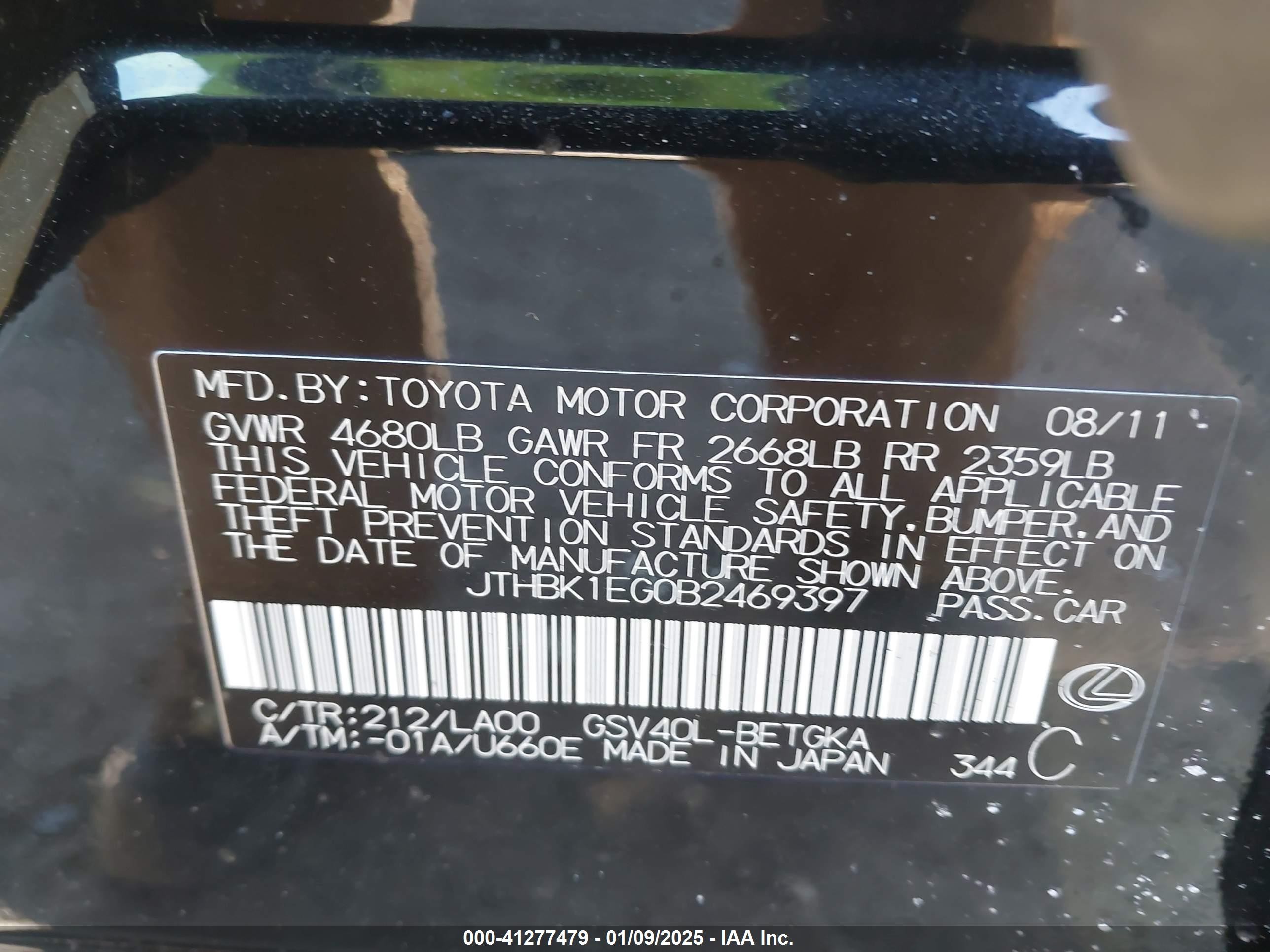 2011 Lexus Es 350   Black vin: JTHBK1EG0B2469397