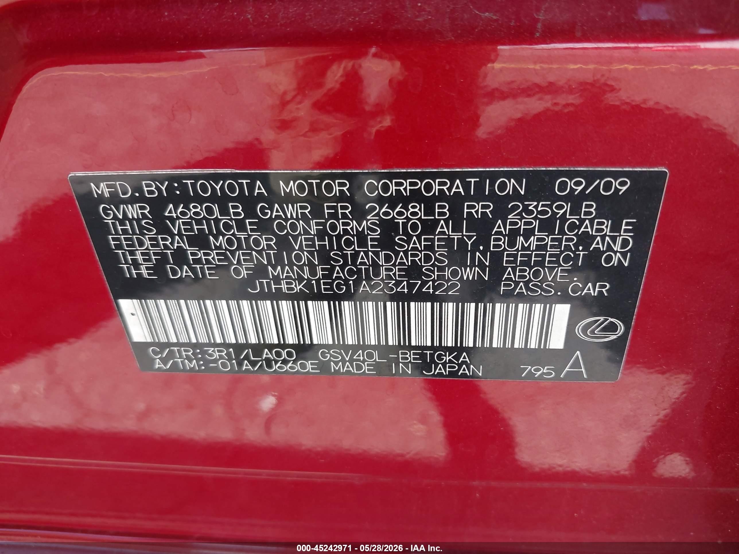 2010 Lexus Es 350   Red vin: JTHBK1EG1A2347422
