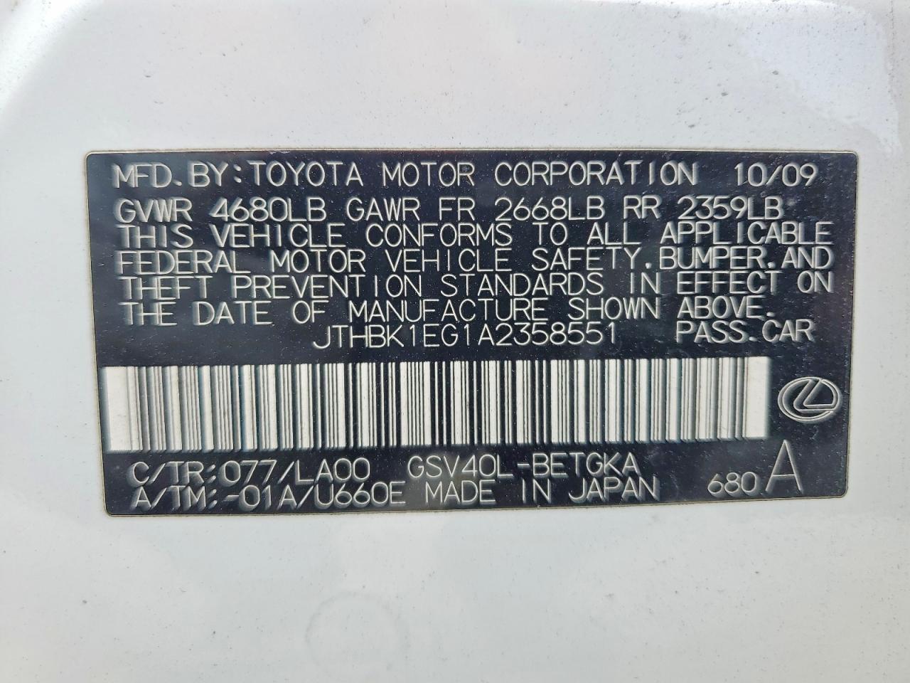 2010 Lexus Es 350 White vin: JTHBK1EG1A2358551