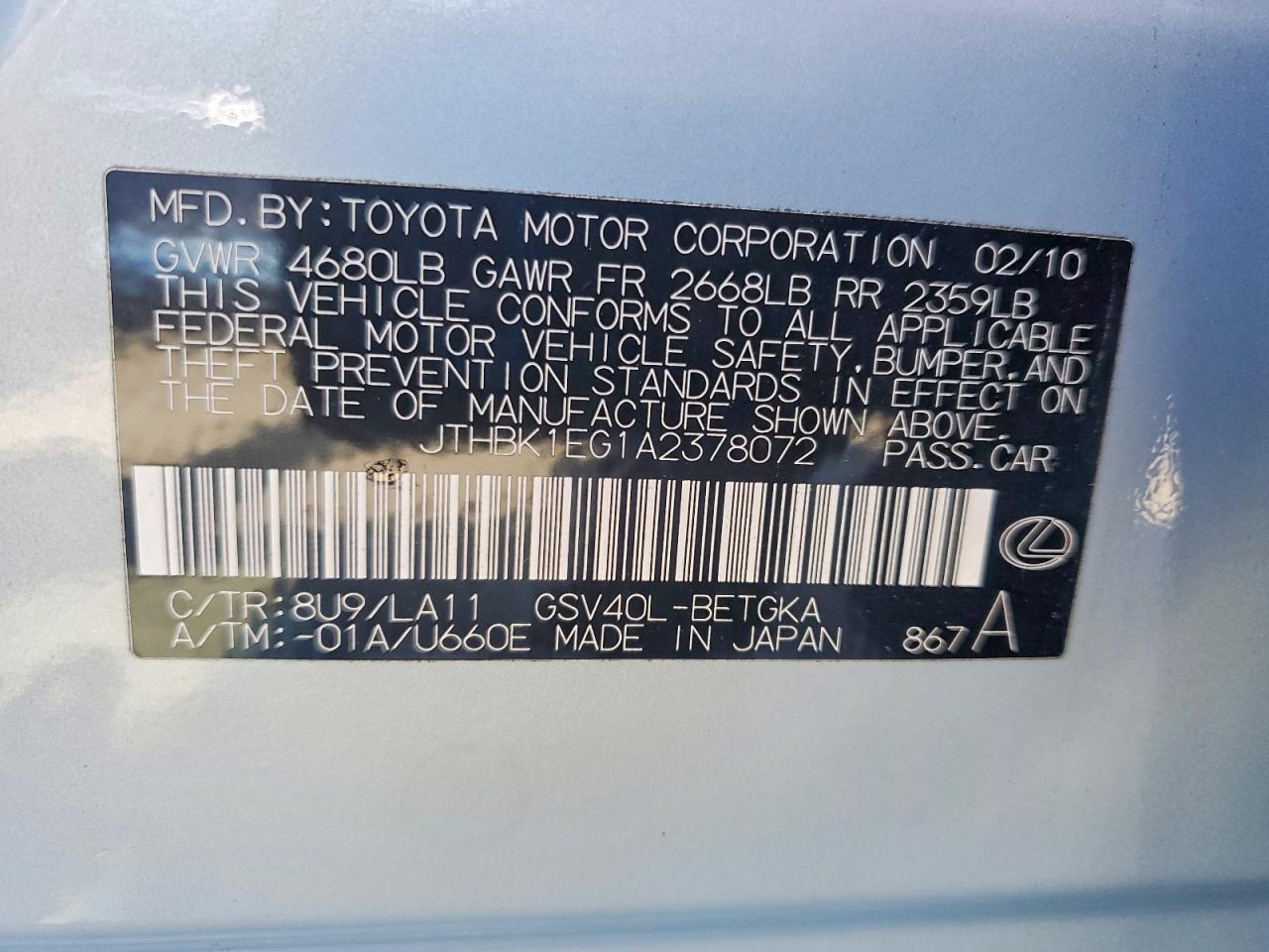 2010 Lexus Es 350 Blue vin: JTHBK1EG1A2378072