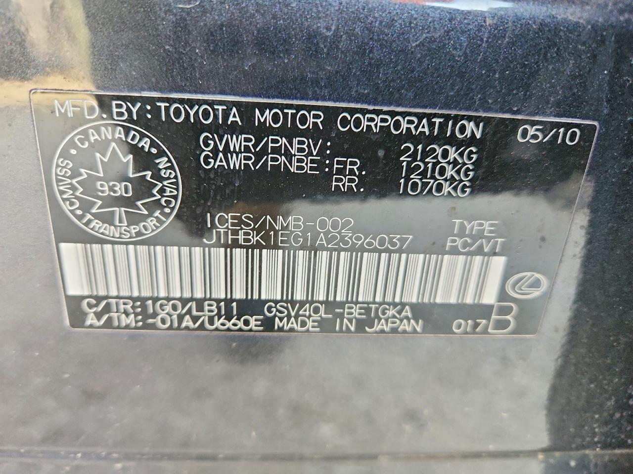 2010 Lexus Es 350 Base Gray vin: JTHBK1EG1A2396037
