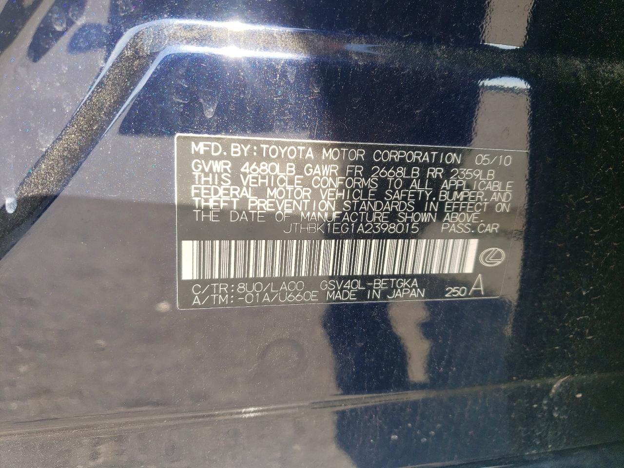 2010 Lexus Es 350 Blue vin: JTHBK1EG1A2398015