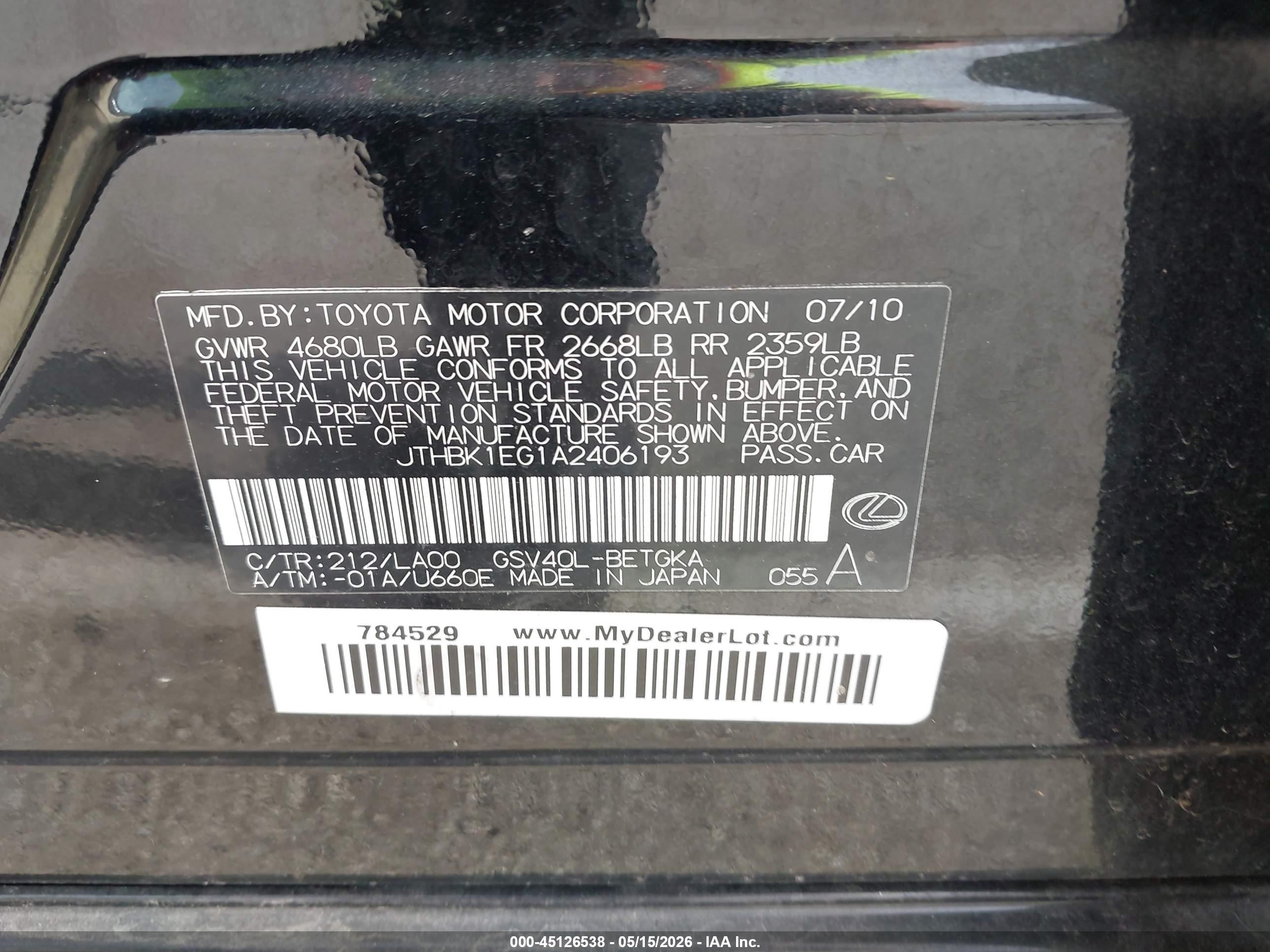 2010 Lexus Es 350 Black vin: JTHBK1EG1A2406193