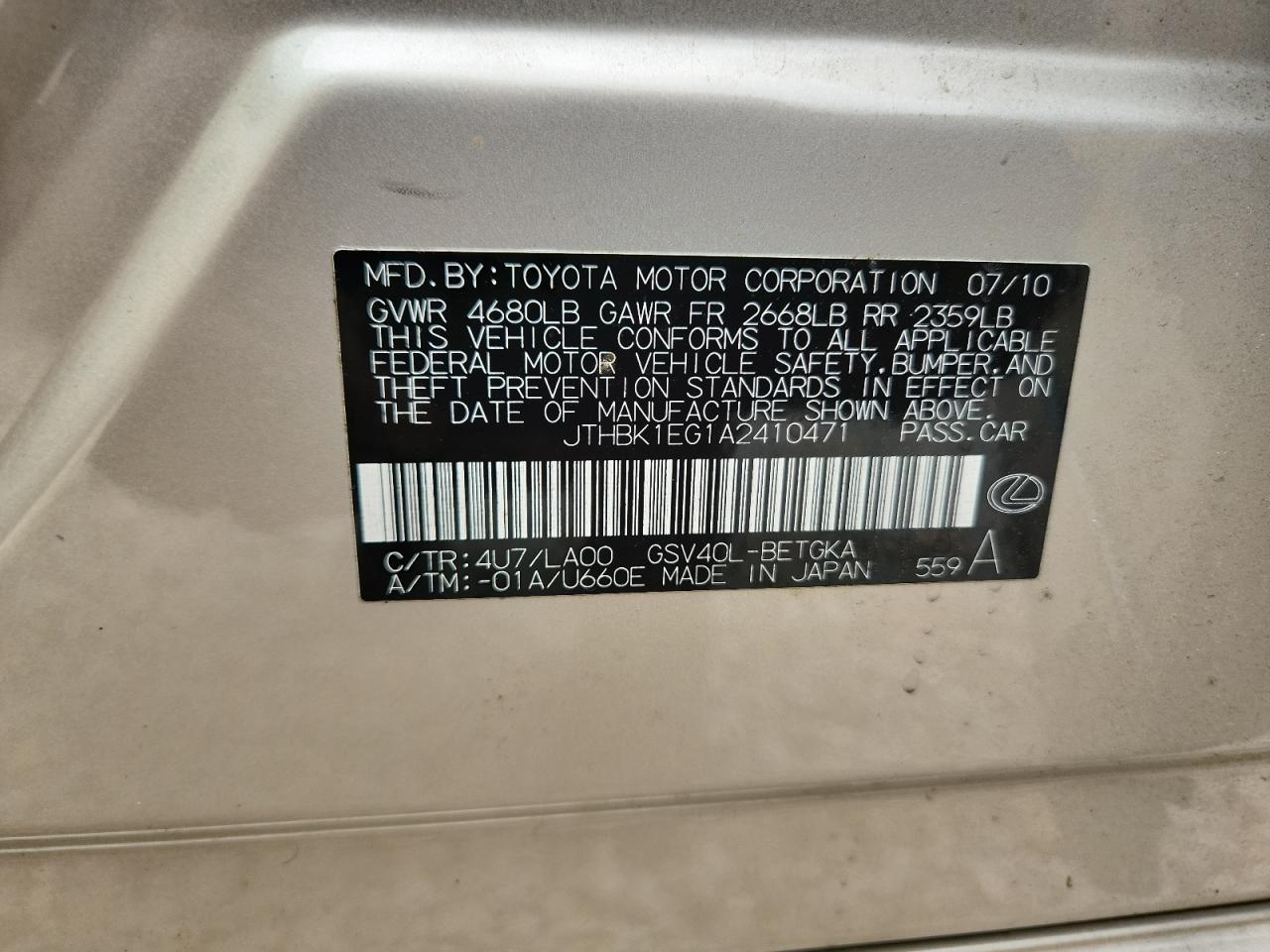 2010 Lexus Es 350 Gold vin: JTHBK1EG1A2410471