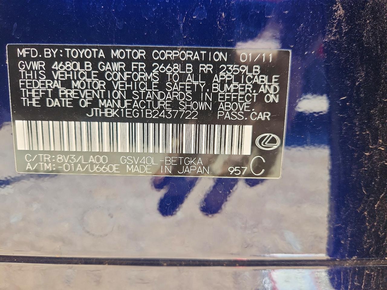 2011 Lexus Es 350 Blue vin: JTHBK1EG1B2437722